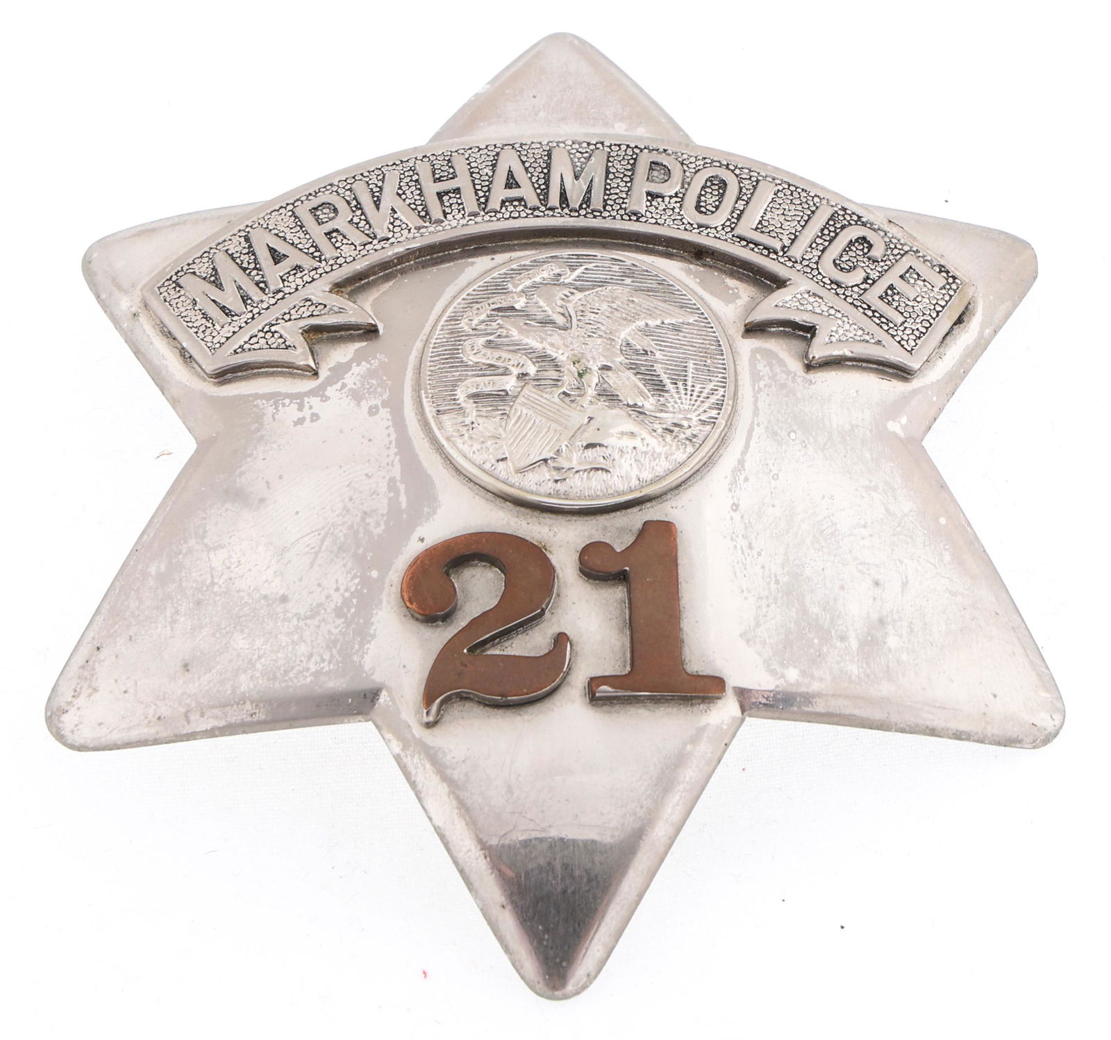 RESTRIKE MARKHAM ILLINOIS POLICE PIE PLATE BADGE NO. 21: RESTRIKE MARKHAM ILLINOIS POLICE PIE PLATE BADGE NO. 21 Obsolete post-production restrike of Markham, Illinois Police pie plate badge. Number 21. Marked the C.H. Hanson Company Chicago on back. Measur