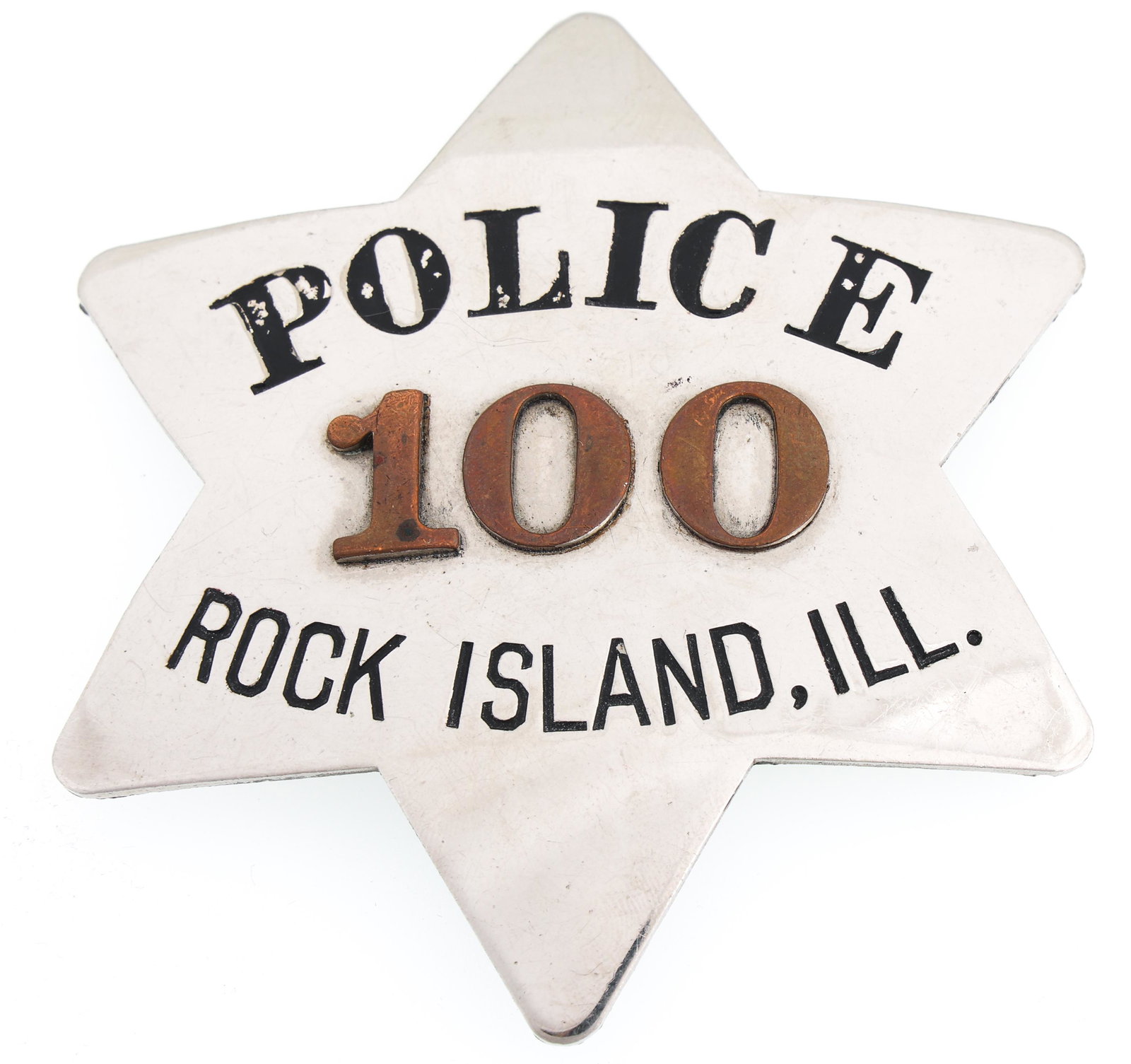 ROCK ISLAND ILLINOIS POLICE PIE PLATE BADGE NO. 100 (1 of 2)
