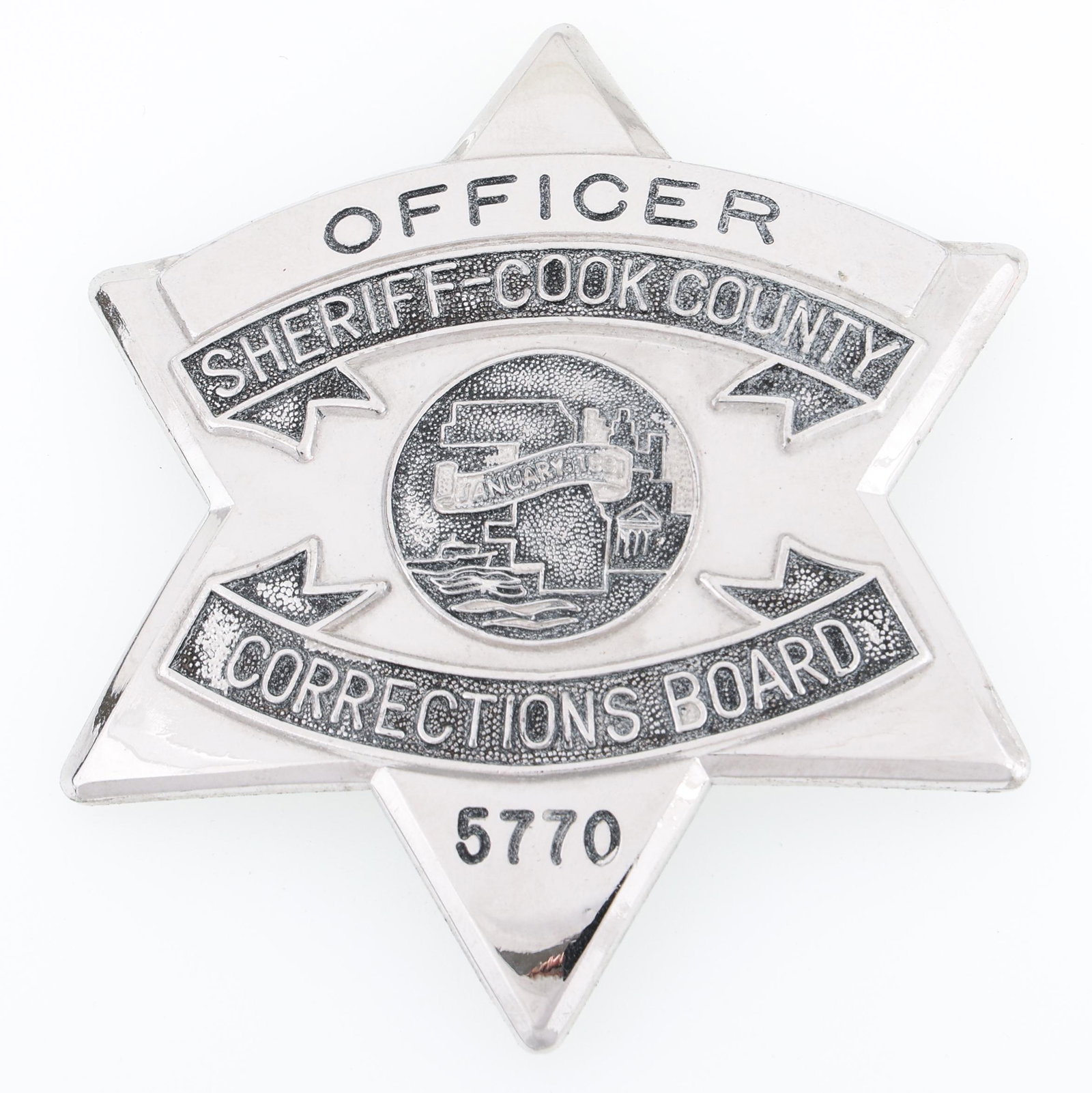 COOK CO. ILLINOIS CORRECTIONS BOARD OFFICER BADGE: COOK CO. ILLINOIS CORRECTIONS BOARD OFFICER BADGE Obsolete Cook County, Illinois Sheriff Corrections Board Officer badge. Number 5770. Unmarked. Measurements: 2.75 x 3"