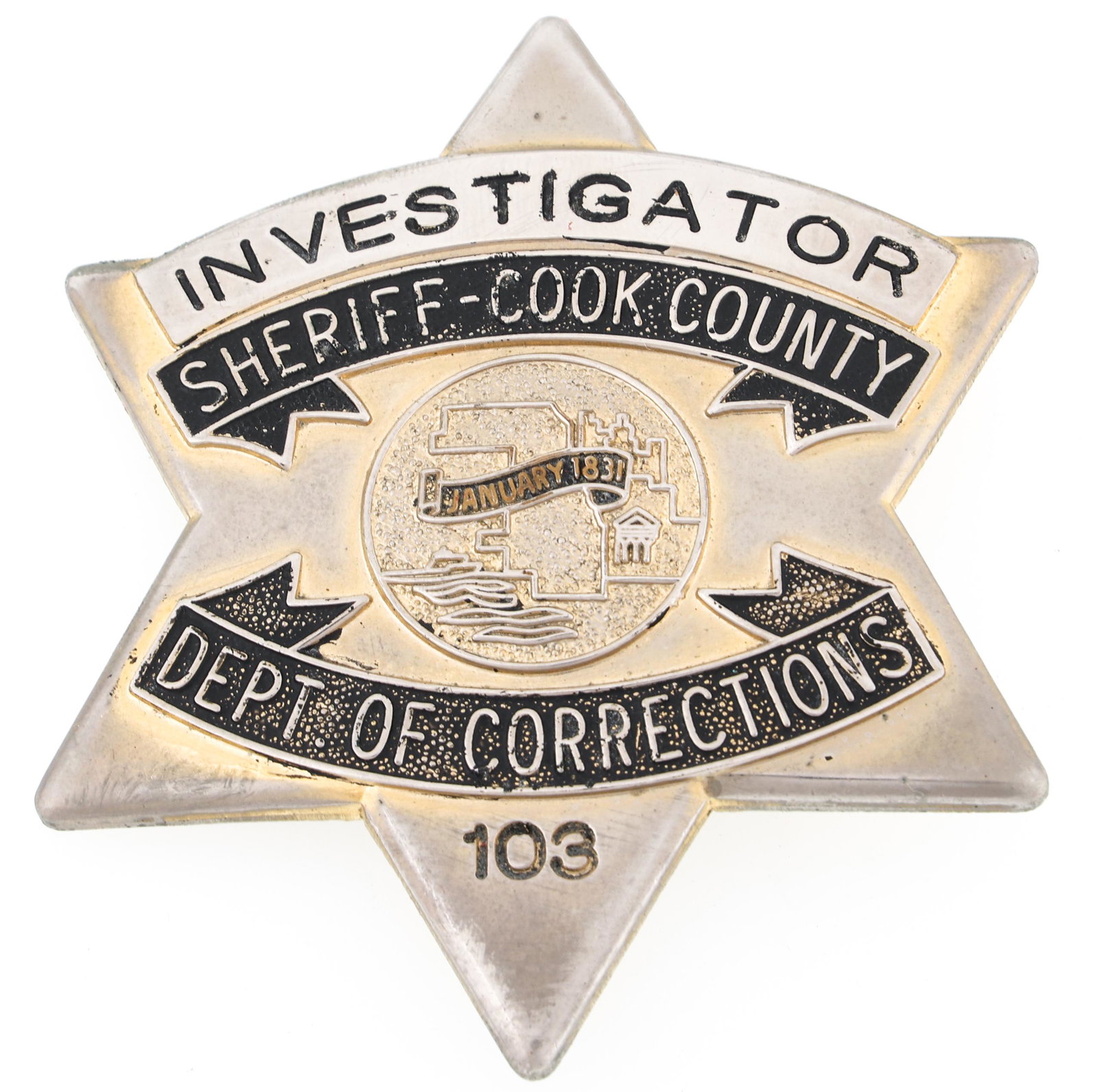 COOK COUNTY ILLINOIS SHERIFF INVESTIGATOR BADGE NO. 103: COOK COUNTY ILLINOIS SHERIFF INVESTIGATOR BADGE NO. 103 Obsolete Sheriff Cook County Illinois, Department of Corrections, Investigator badge. No. 103. Unmarked. Measurements: 2.75 x 3"