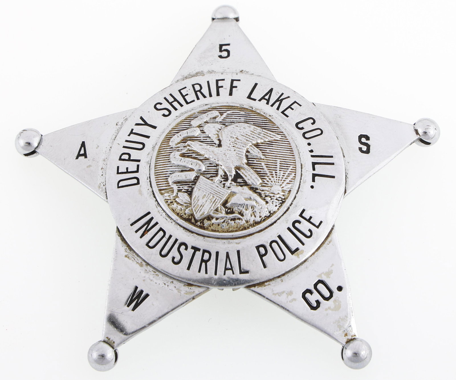 LAKE CO. IL INDUSTRIAL POLICE DEPUTY SHERIFF BADGE: LAKE CO. IL INDUSTRIAL POLICE DEPUTY SHERIFF BADGE Obsolete Lake County, Illinois Industrial Police Deputy Sheriff badge. Number 5. Marked The C.H. Hanson Company Chicago on reverse. Measure