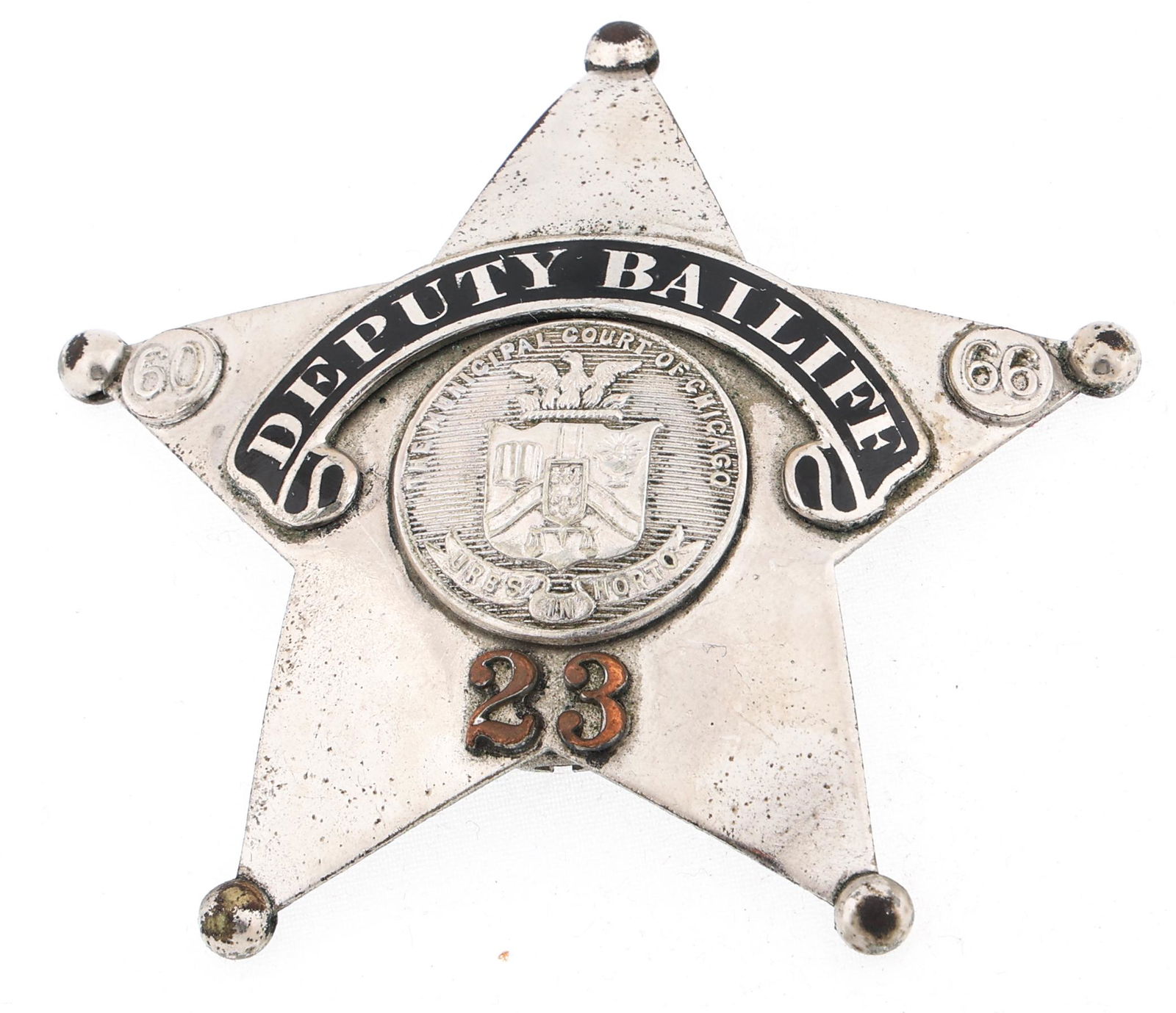 CHICAGO ILLINOIS DEPUTY BAILIFF BADGE NO. 23: CHICAGO ILLINOIS DEPUTY BAILIFF BADGE NO. 23 Obsolete Chicago, Illinois Deputy Bailiff of The Municipal Court of Chicago badge. Number 23. Marked The C.H. Hanson Company Chicago on reverse.&