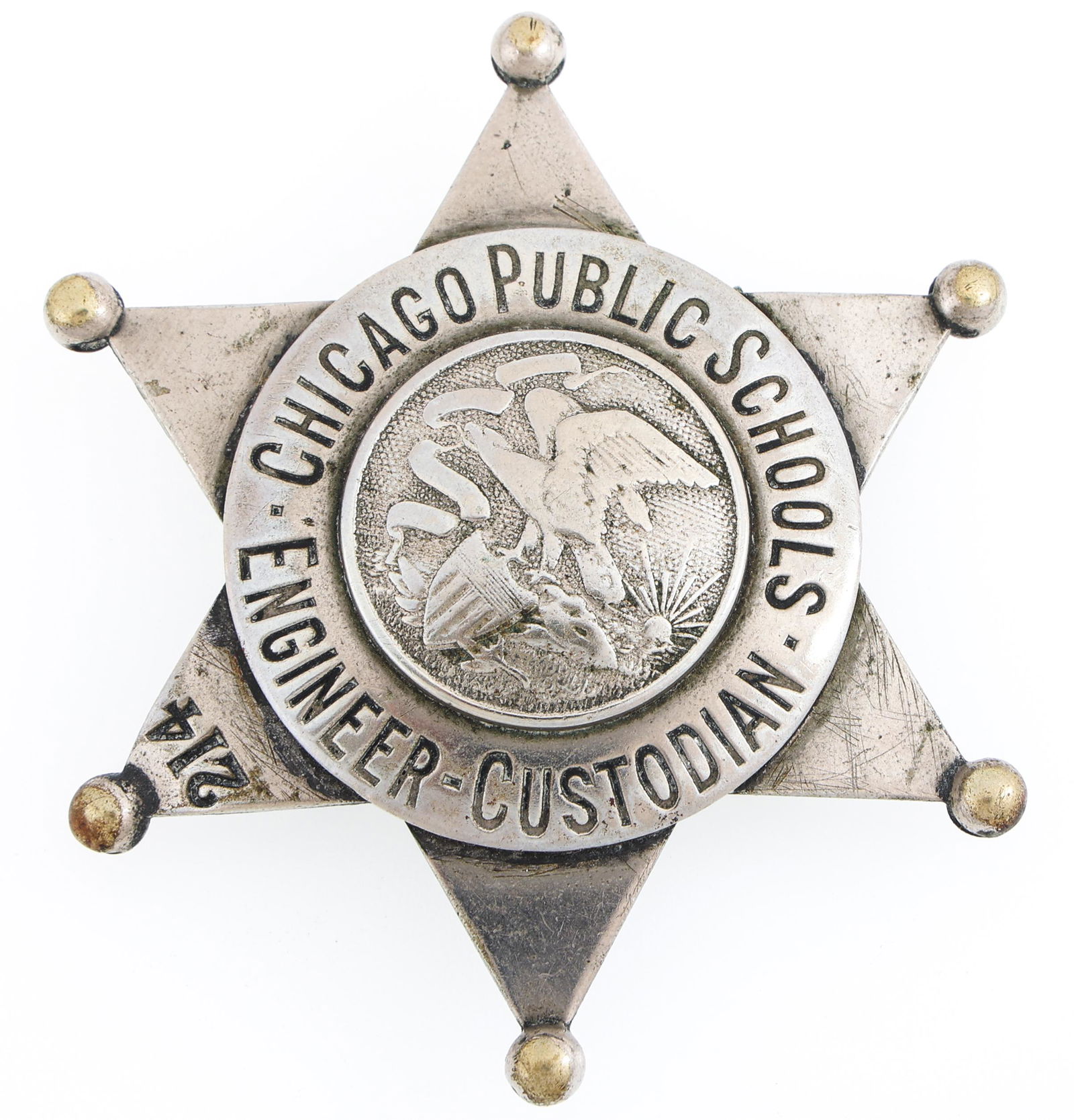 CHICAGO PUBLIC SCHOOLS ENGINEER-CUSTODIAN BADGE NO. 214 (1 of 2)