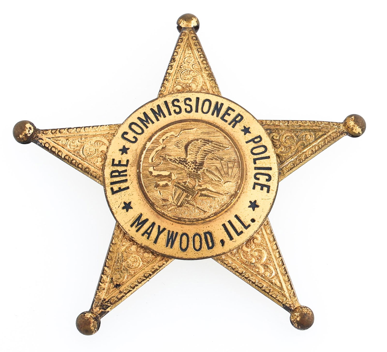 MAYWOOD ILLINOIS FIRE & POLICE COMMISSIONER BADGE: MAYWOOD ILLINOIS FIRE & POLICE COMMISSIONER BADGE Obsolete Maywood, Illinois Fire and Police Commissioner badge. Named to "E.E. Elbert" and The C.H. Hanson Co Chicago to the back.&