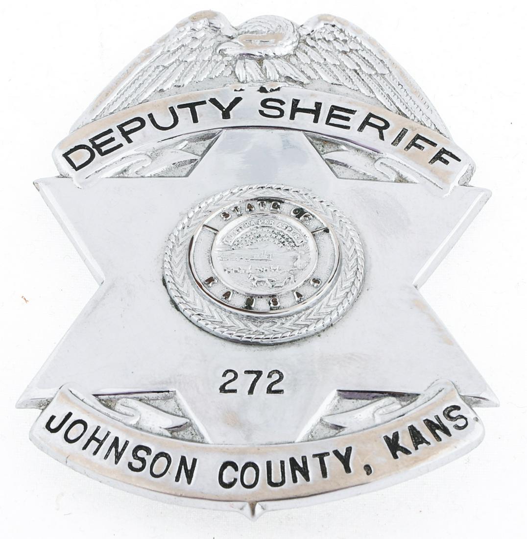 JOHNSON COUNTY KANSAS DEPUTY SHERIFF BADGE NO. 272: JOHNSON COUNTY KANSAS DEPUTY SHERIFF BADGE NO. 272 Obsolete Johnson County, Kansas Deputy Sheriff badge. Number 272. Unmarked. Measurements: 2.25 x 3"