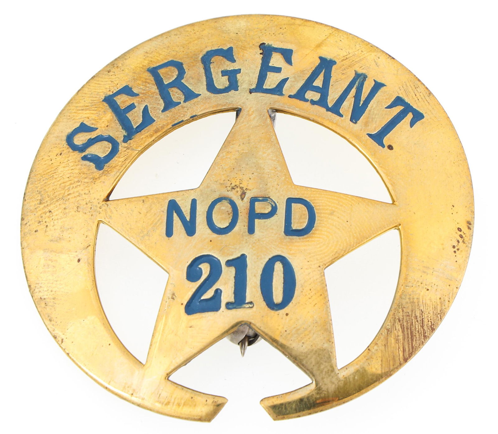 NEW ORLEANS POLICE SERGEANT BADGE NO. 210: NEW ORLEANS POLICE SERGEANT BADGE NO. 210 Obsolete New Orleans, Louisiana Police Sergeant badge. Number 210. Unmarked. Measurements: 2.25 x 2.25"