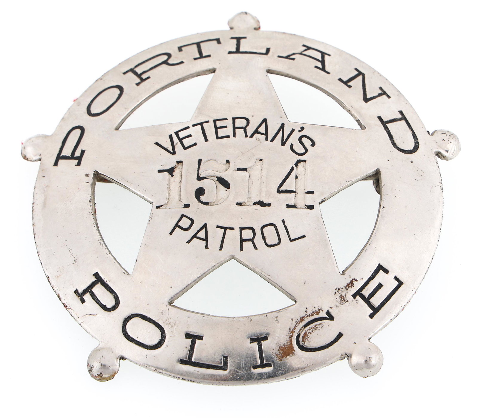 PORTLAND OREGON VETERAN'S PATROL POLICE BADGE NO. 1514 (1 of 2)