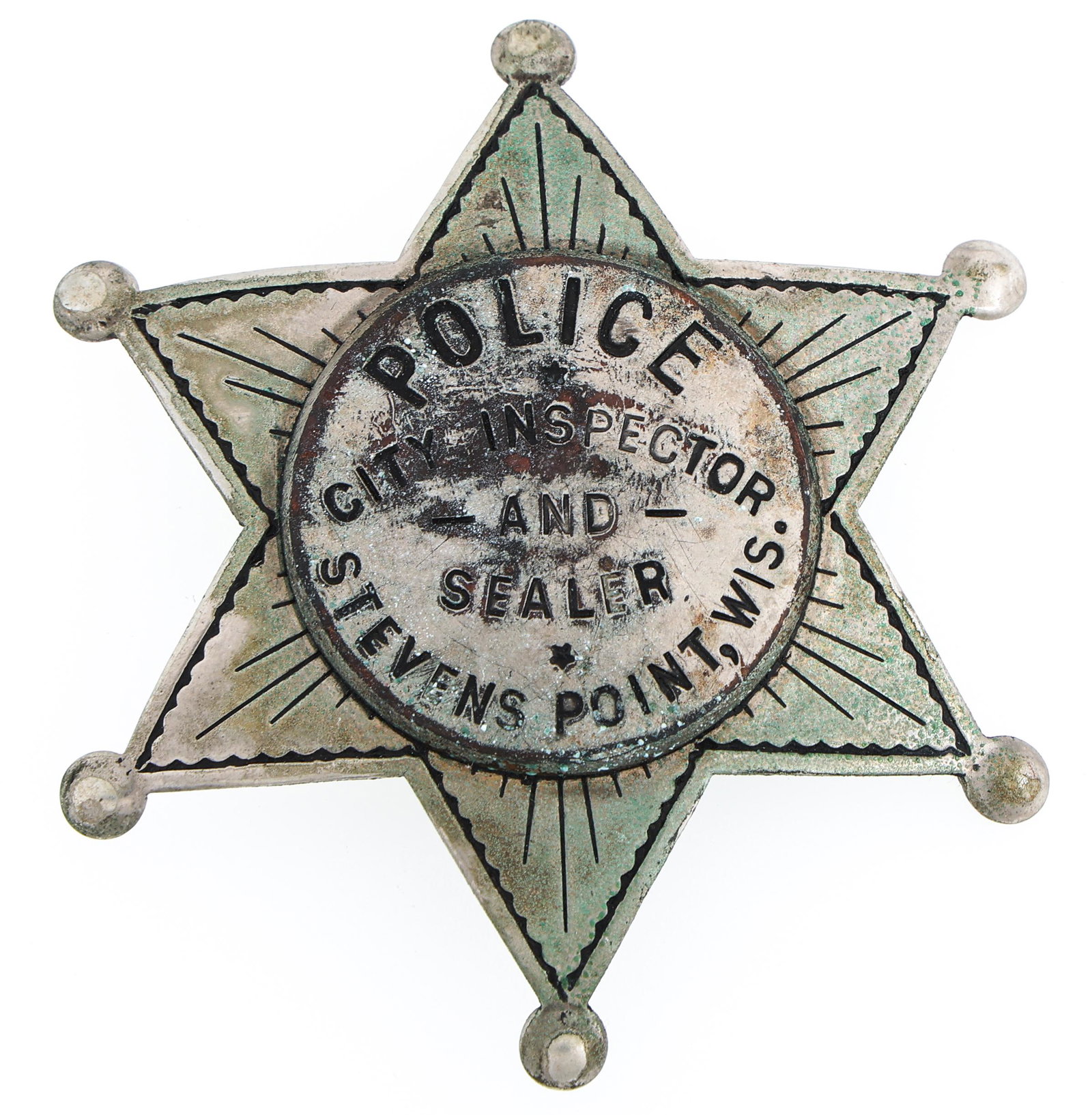 STEVENS POINT POLICE CITY INSPECTOR AND SEALER BADGE: STEVENS POINT POLICE CITY INSPECTOR AND SEALER BADGE Obsolete Stevens Point, Wisconsin Police City Inspector and Sealer badge. Marked H.C. Leipsner & CO K-C-MO. on reverse. Measurements
