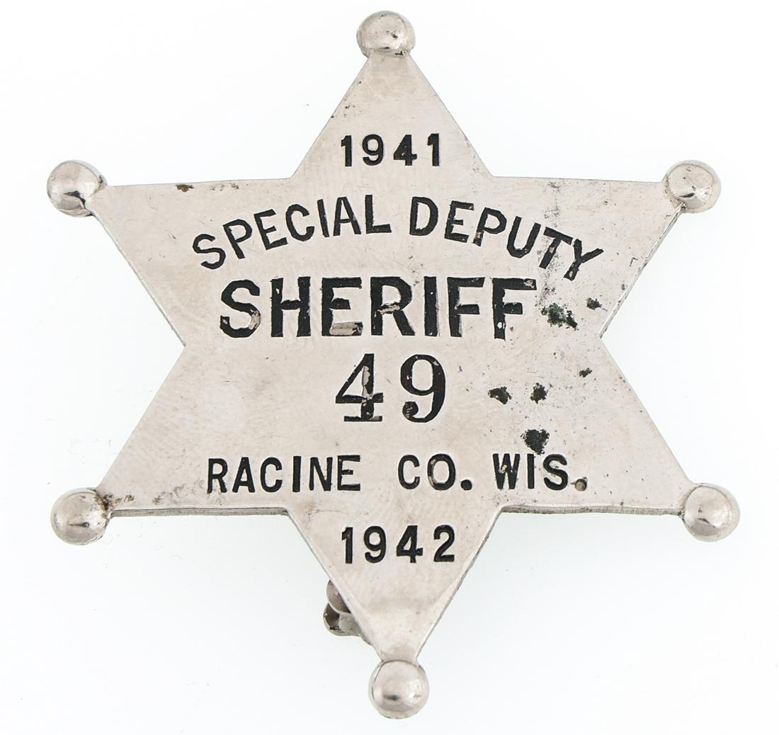 RACINE CO WISCONSIN SPECIAL DEPUTY SHERIFF BADGE NO. 49: RACINE CO WISCONSIN SPECIAL DEPUTY SHERIFF BADGE NO. 49 Obsolete Racine County, Wisconsin Special Deputy Sheriff badge. Dates 1941 and 1942. Numbered 49. Marked SCHWAABS & SONS CO. MILWA