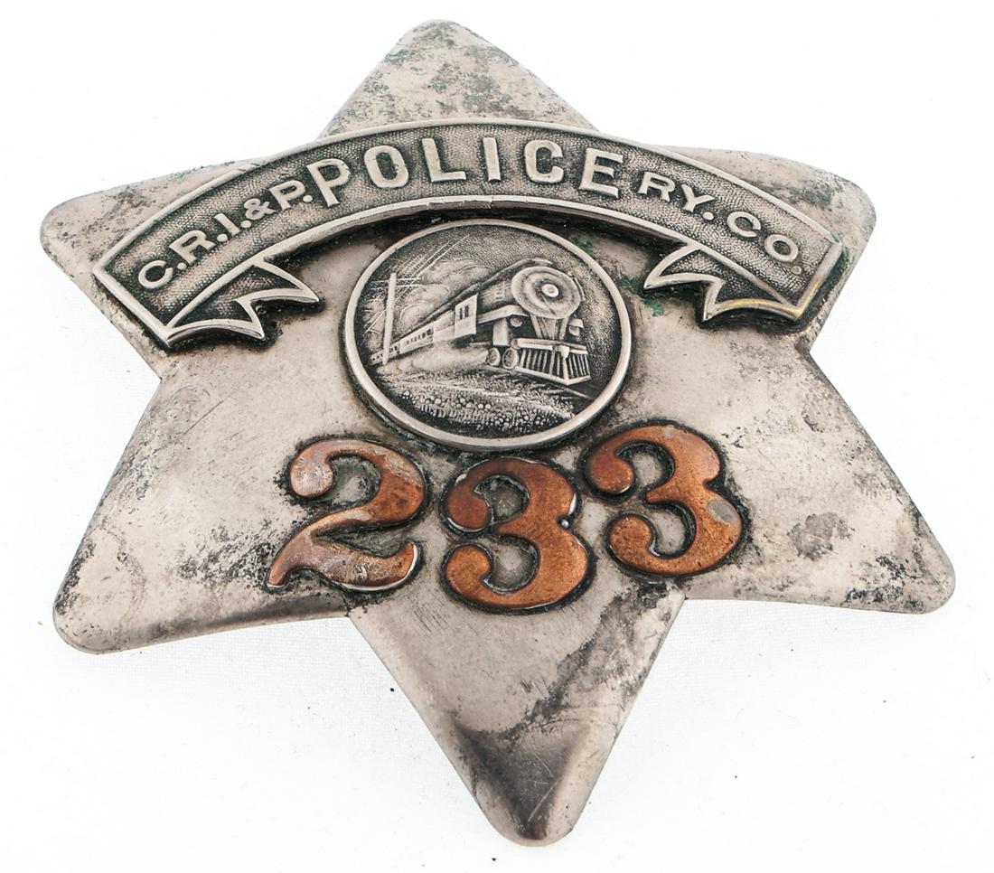 CRI & P RAILROAD POLICE PIE PLATE BADGE NO. 233: CRI & P RAILROAD POLICE PIE PLATE BADGE NO. 233 Obsolete Chicago, Rock Island, and Pacific (C.R.I. & P.) Railroad Police pie plate badge, Number 233. Marked C.H. Hanson Co. Chicago on back.&n