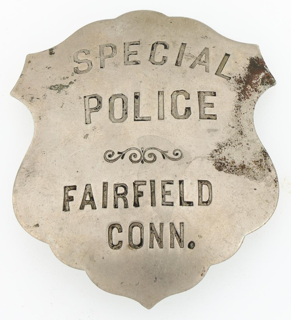 FAIRFIELD CONNECTICUT SPECIAL POLICE BADGE: FAIRFIELD CONNECTICUT SPECIAL POLICE BADGE Obsolete Fairfield, Connecticut Special Police badge, marked Schwerdtle Stamp Co. BPORT. CONN. on reverse. Measurements: 2 1/8 x 2 1/2"