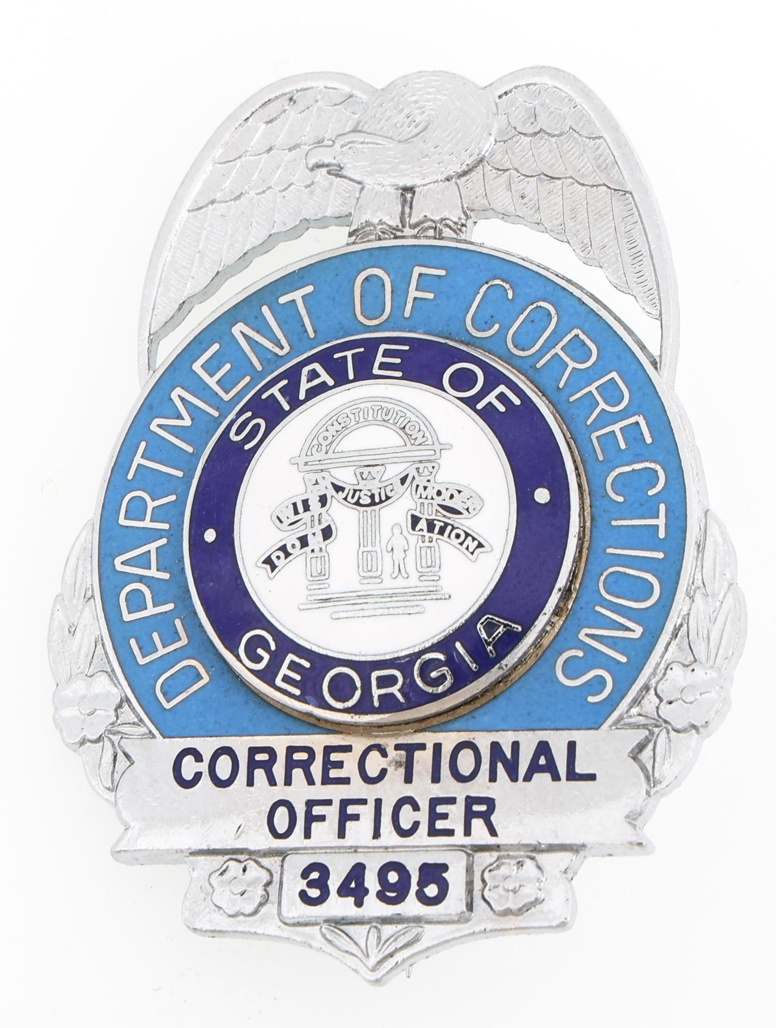 GEORGIA DEPARTMENT OF CORRECTIONS OFFICER BADGE: GEORGIA DEPARTMENT OF CORRECTIONS OFFICER BADGE Obsolete Georgia Department of Corrections Officer badge. Number 3495. Unmarked. Measurements: 1.5 x 2.25"