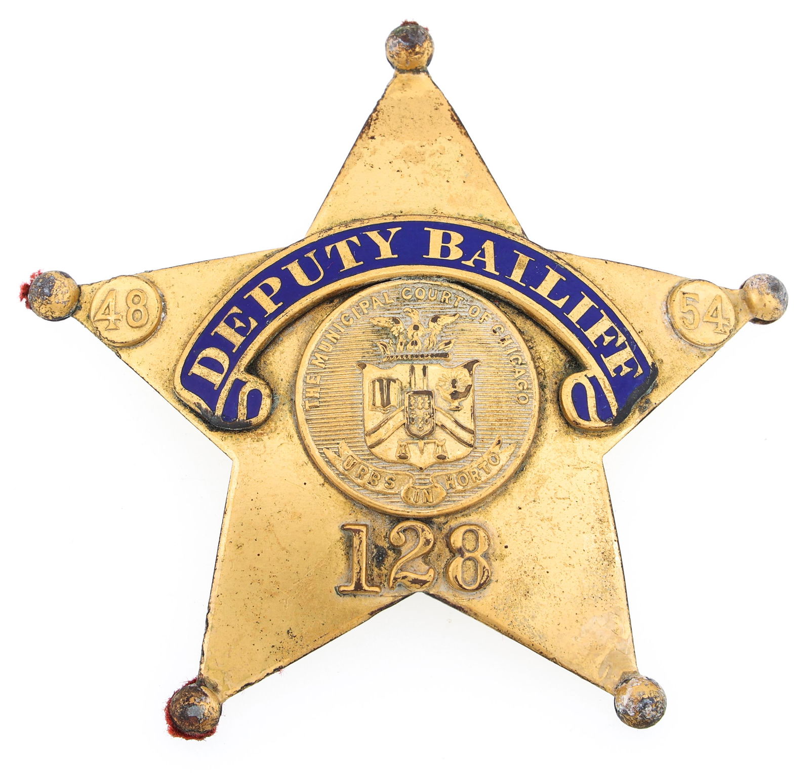 DEPUTY BAILIFF MUNICIPAL COURT OF CHICAGO BADGE NO. 128: DEPUTY BAILIFF MUNICIPAL COURT OF CHICAGO BADGE NO. 128 Obsolete Deputy Bailiff of The Municipal Court of Chicago badge. Numbered 128, and dated 48 to 54. Marked ALOHA TO JOSEPH CAMPIONE 1951 &a