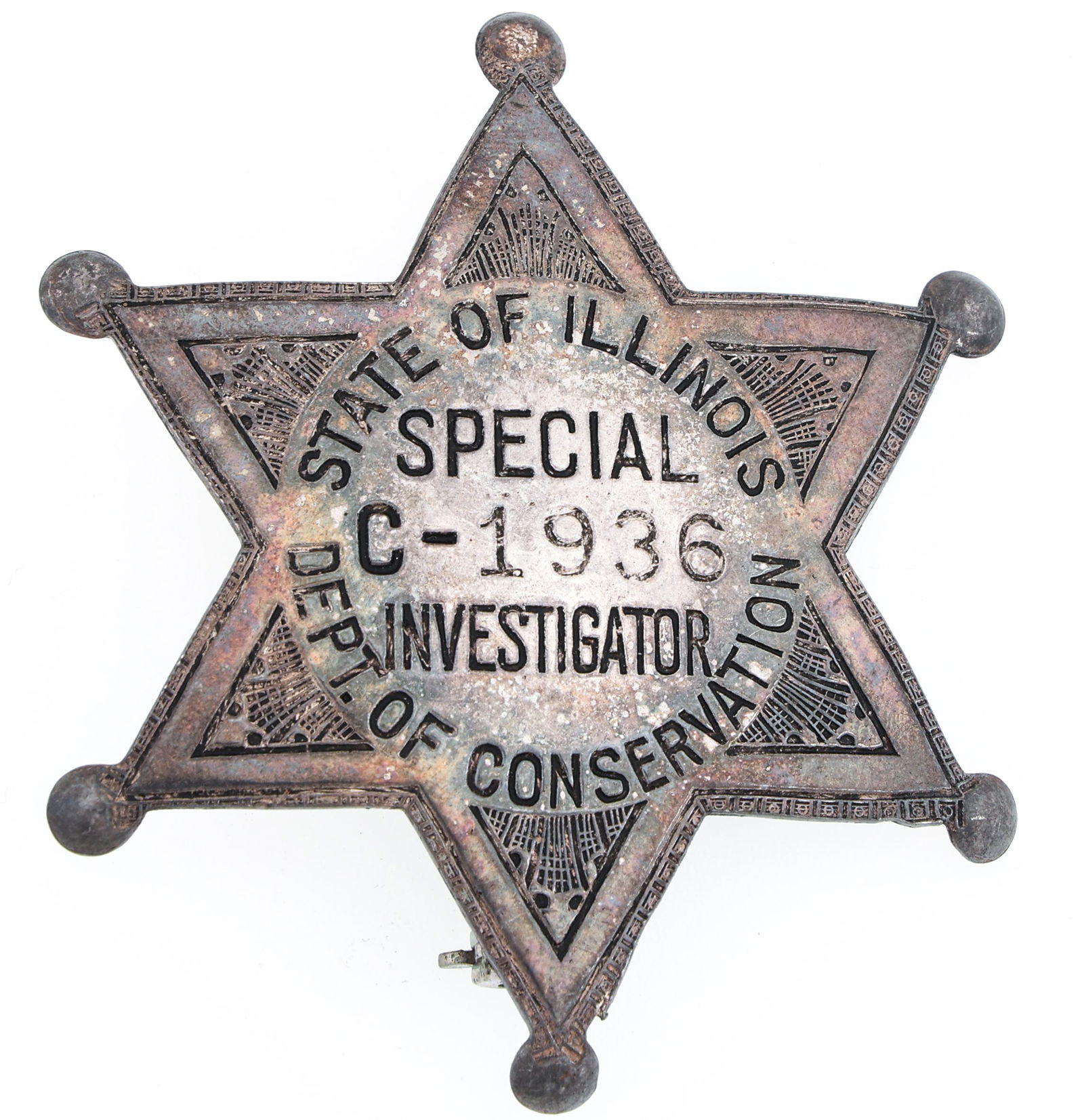 STERLING SILVER ILLINOIS DEPT. OF CONSERVATION BADGE: STERLING SILVER ILLINOIS DEPT. OF CONSERVATION BADGE Sterling silver obsolete Illinois Department of Conservation Special Investigator badge. Number C-1936. Marked "Sterling" on reverse. Measure