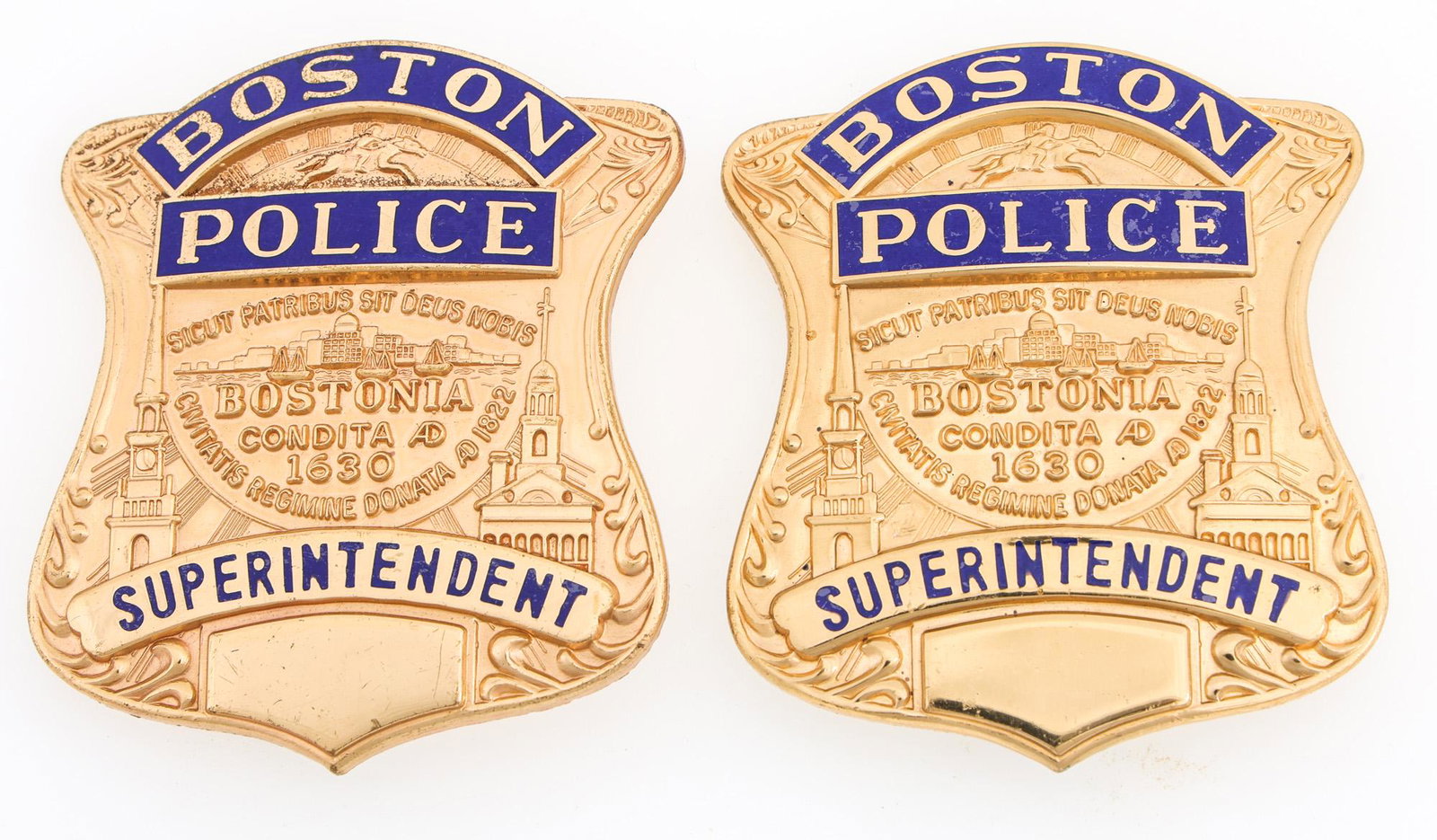 BOSTON POLICE SUPERINTENDENT BADGES LOT OF TWO: BOSTON POLICE SUPERINTENDENT BADGES LOT OF TWO Two obsolete Boston Police Superintendent badges. Both marked Doughboy mfd by GA-REL on reverse. One marked 694 NV and the other mark