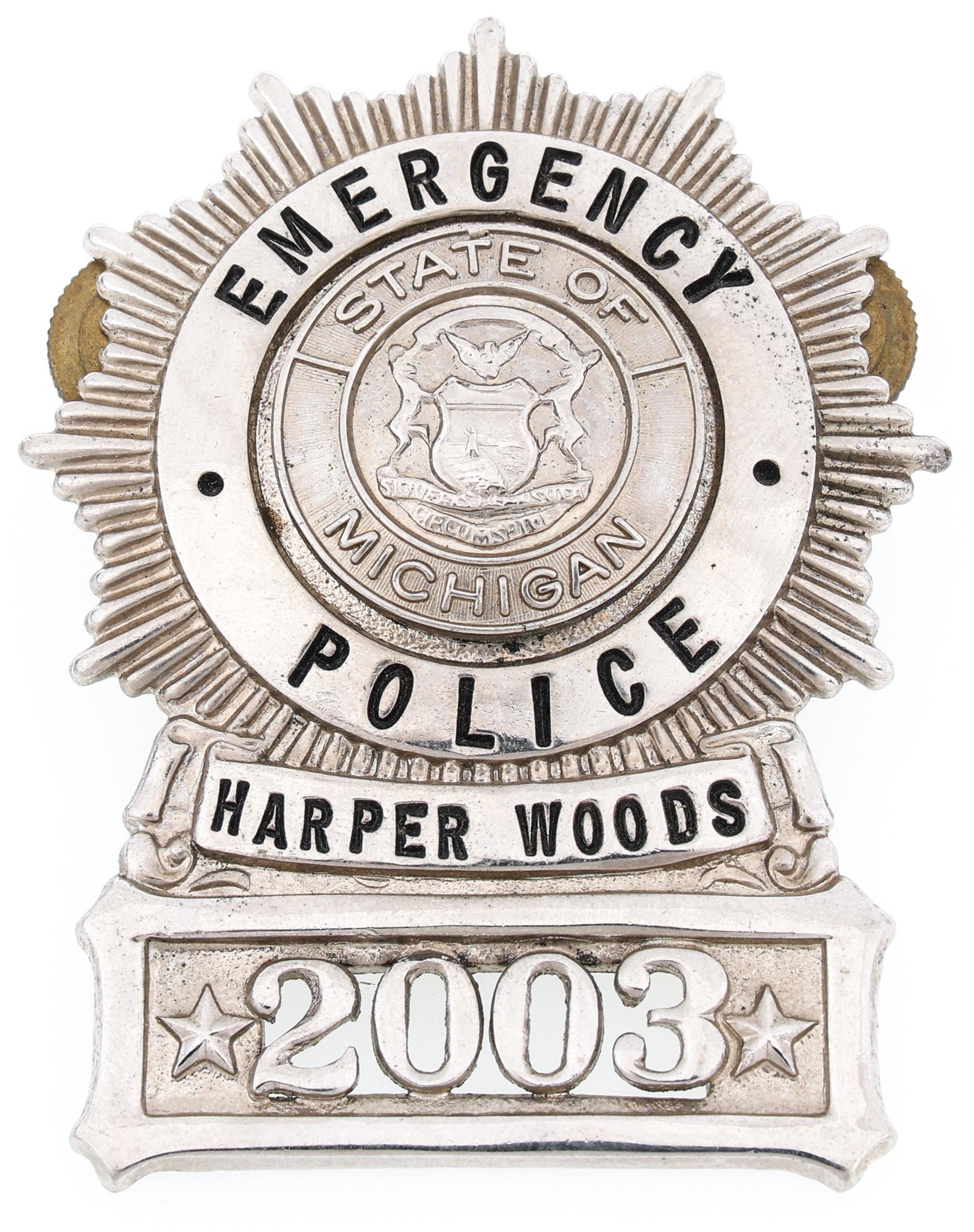 HARPER WOODS MI EMERGENCY POLICE BADGE NO. 2003: HARPER WOODS MI EMERGENCY POLICE BADGE NO. 2003 Obsolete Harper Woods, Michigan Emergency Police badge. Numbered 2003. Unmarked. Measurements: 2 x 2.5"