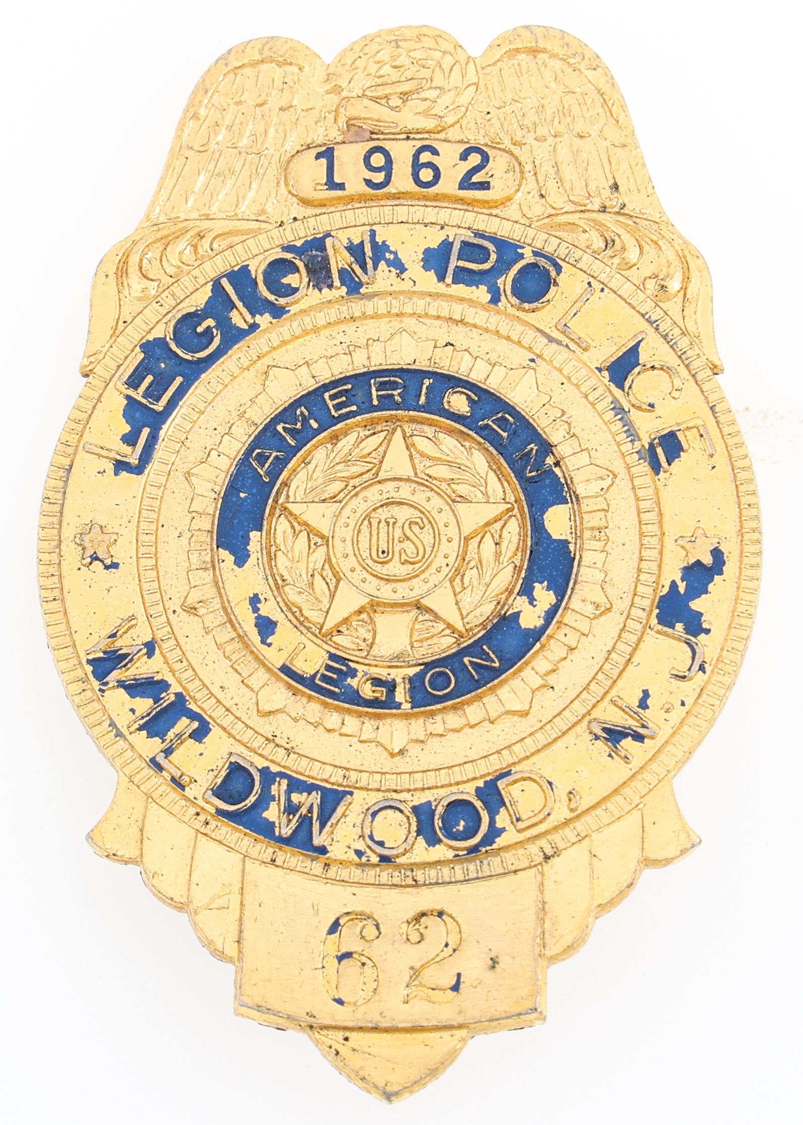 WILDWOOD NEW JERSEY LEGION POLICE BADGE NO. 62: WILDWOOD NEW JERSEY LEGION POLICE BADGE NO. 62 Obsolete Wildwood, New Jersey Legion Police badge. Numbered 62. Dated 1962. Unmarked. Measurements: 2.5 x 1.5"