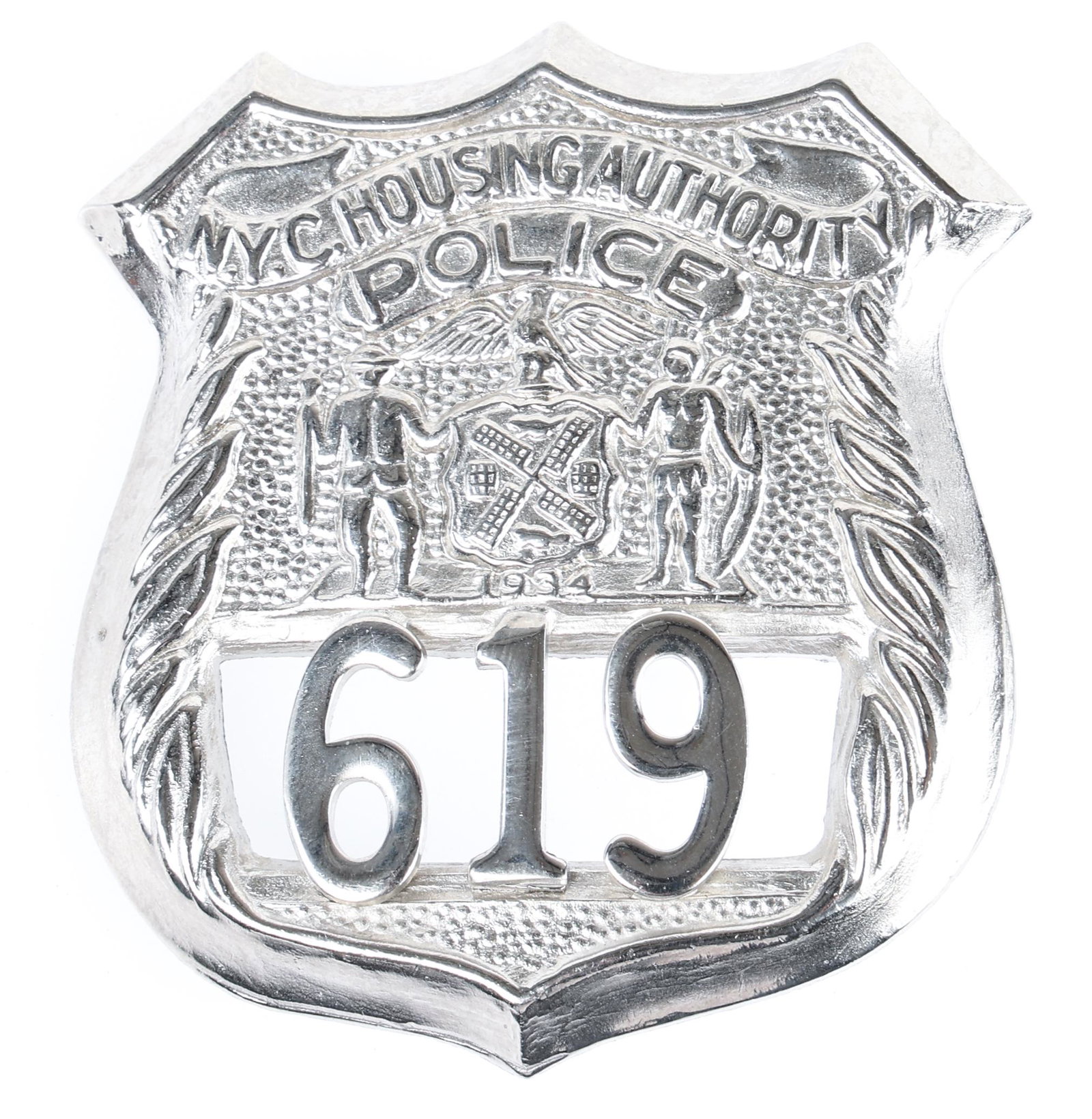 N.Y.C. HOUSING AUTHORITY POLICE BADGE NO. 619: N.Y.C. HOUSING AUTHORITY POLICE BADGE NO. 619 Obsolete N.Y.C. Housing Authority Police Badge. No. 619. Unmarked. Measurements: 2.5 x 2.25"