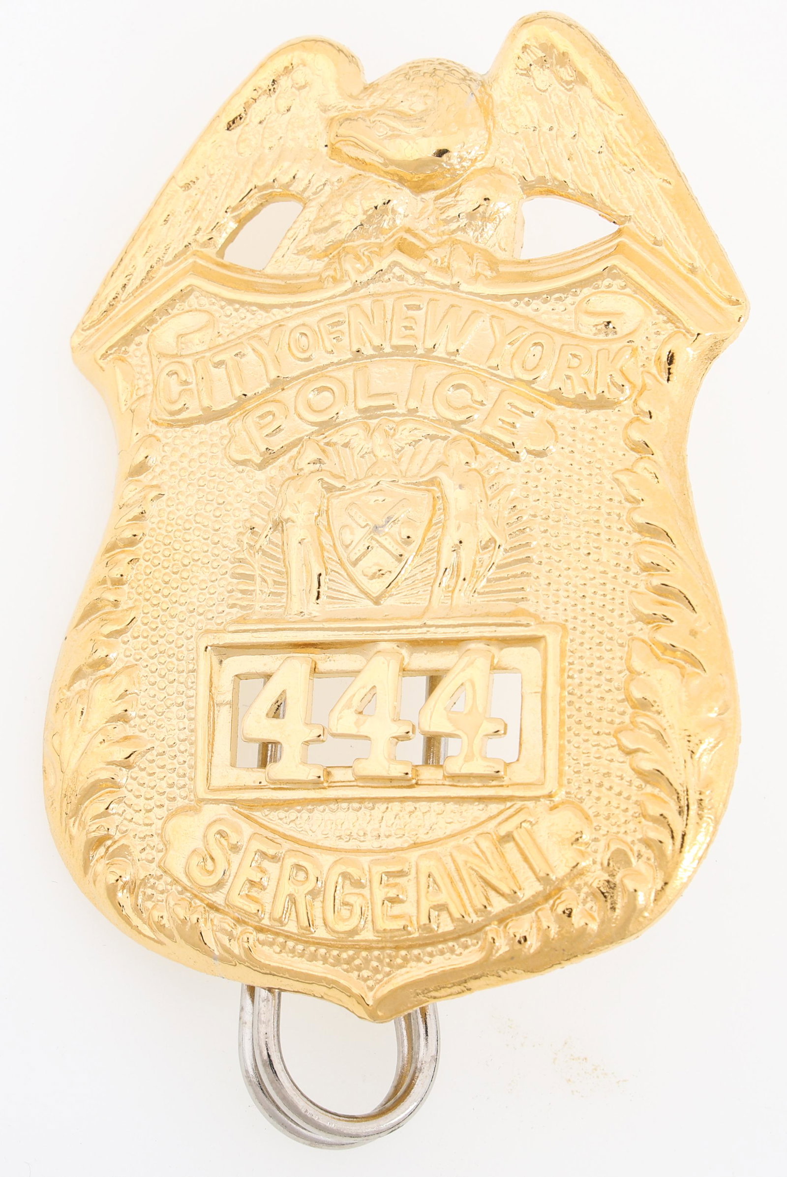 CITY OF NEW YORK POLICE SERGEANT BADGE NO. 444: CITY OF NEW YORK POLICE SERGEANT BADGE NO. 444 Obsolete City Of New York Police Sergeant Badge. Number 444. Unmarked. Measurements: 3 x 2"