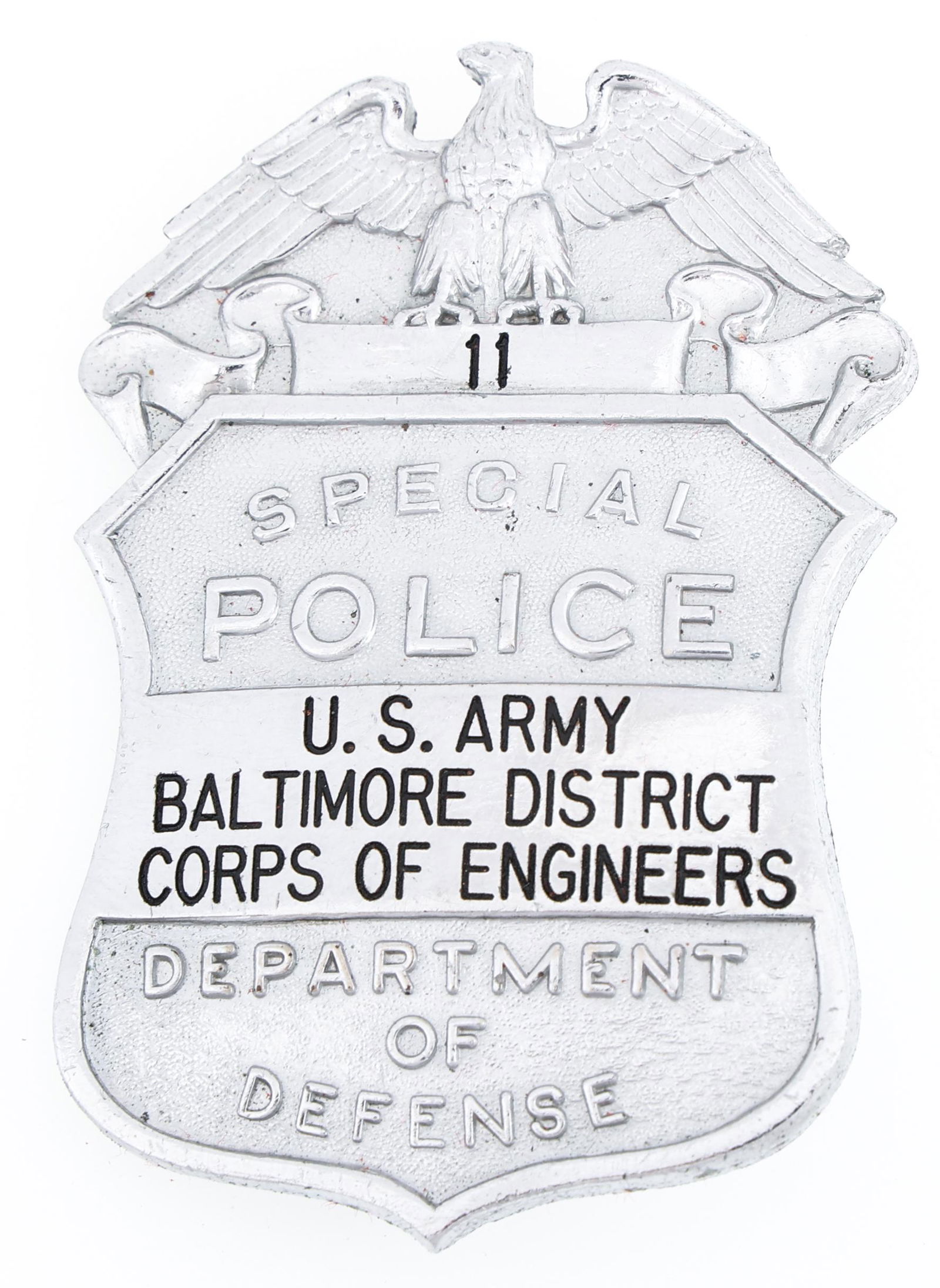 U.S. ARMY BALTIMORE DISTRICT CORPS OF ENGINEERS BADGE: U.S. ARMY BALTIMORE DISTRICT CORPS OF ENGINEERS BADGE Obsolete Department of Defense U.S. Army Baltimore District Corps of Engineers Special Police badge. Number 11. Unmarked. Measurements