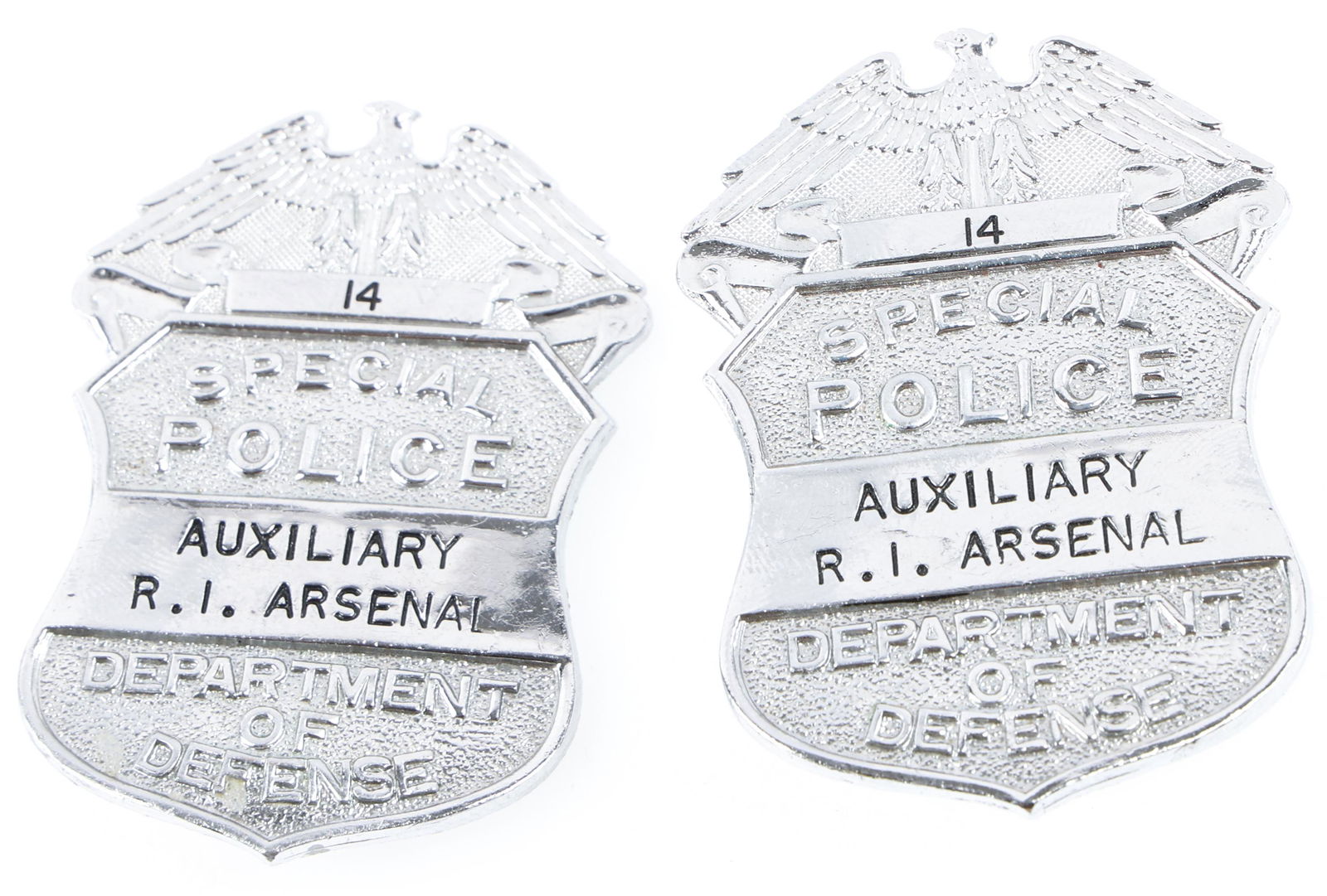 D.O.D. AUXILIARY R.I. ARSENAL SPECIAL POLICE BADGES (1 of 2)