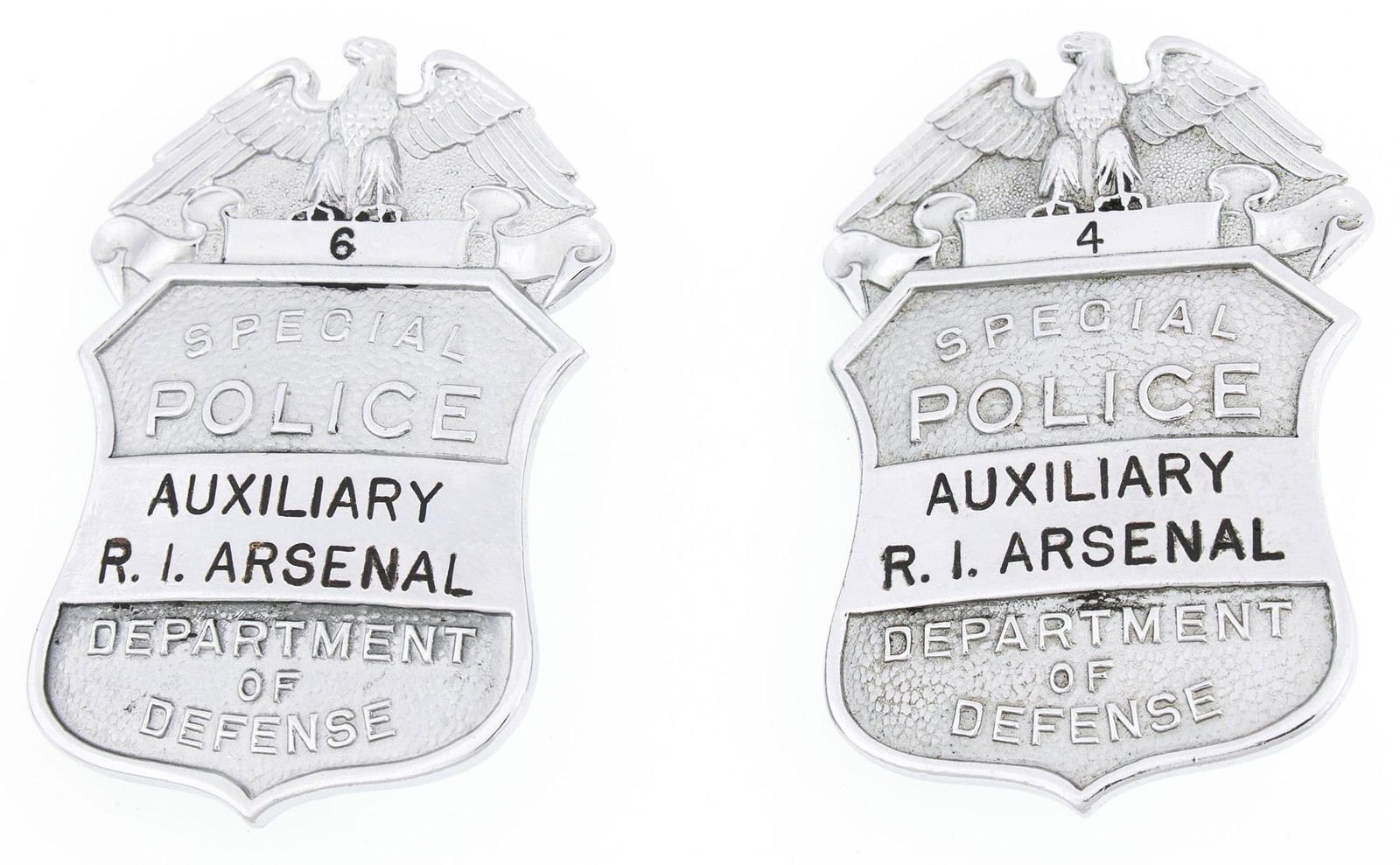 D.O.D. AUXILIARY R.I. ARSENAL SPECIAL POLICE BADGES (1 of 2)