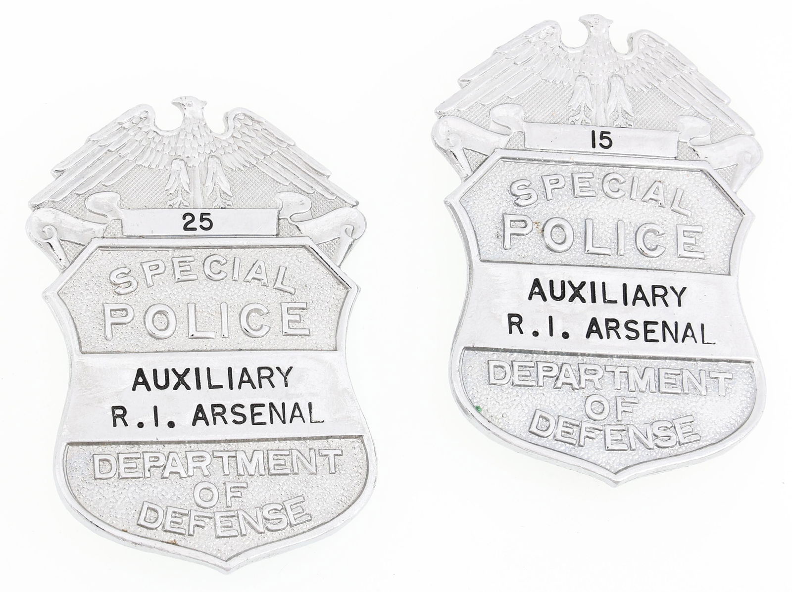 D.O.D. AUXILIARY R.I. ARSENAL SPECIAL POLICE BADGES (1 of 2)