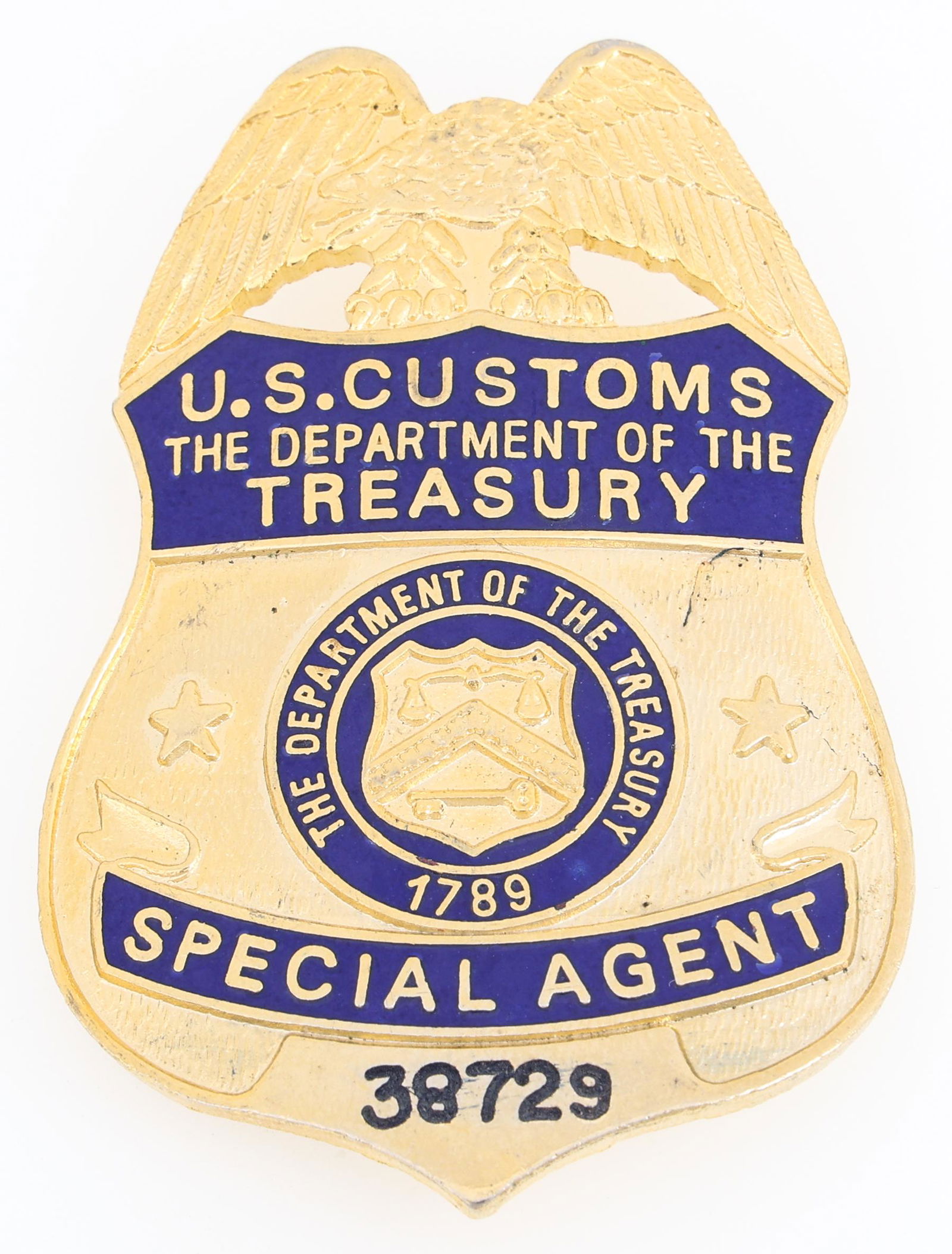 U.S. CUSTOMS TREASURY SPECIAL AGENT BADGE NO. 38729: U.S. CUSTOMS TREASURY SPECIAL AGENT BADGE NO. 38729 Obsolete U.S. Customs Department of the Treasury Special Agent badge. Number 38729. Unmarked. Measurements: 1.75 x 2.5"