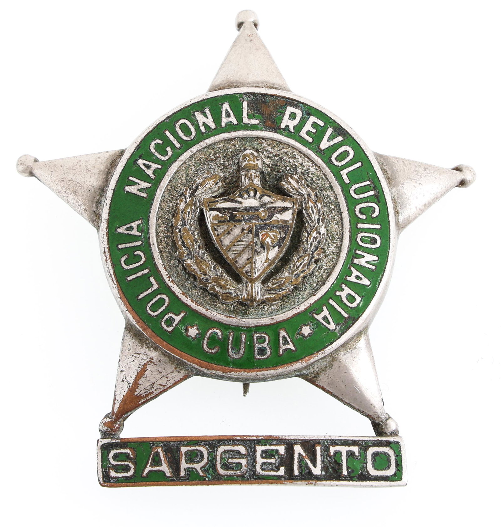 CUBA NATIONAL REVOLUTIONARY POLICE SERGEANT BADGE #719: CUBA NATIONAL REVOLUTIONARY POLICE SERGEANT BADGE #719 Obsolete Cuban National Revolutionary Police (Policía Nacional Revolucionaria) Sergeant (Sargento) badge with kelly-green enamel