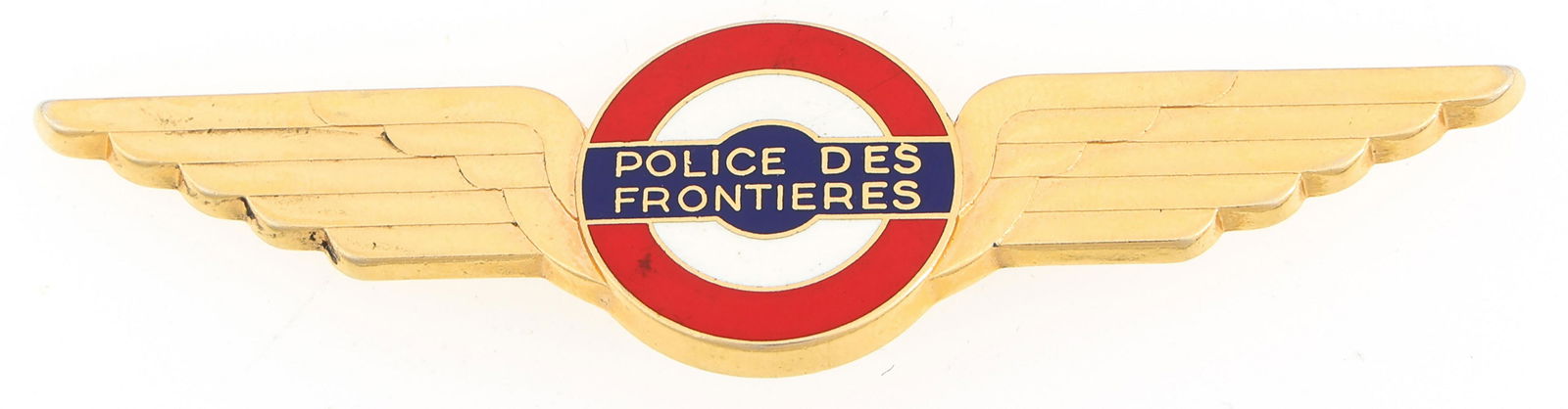 FRENCH BORDER POLICE BADGE: FRENCH BORDER POLICE BADGE Obsolete French Border Patrol (Police des Frontieres) badge. Marked Fournier on reverse. Measurements: .75 x 3"