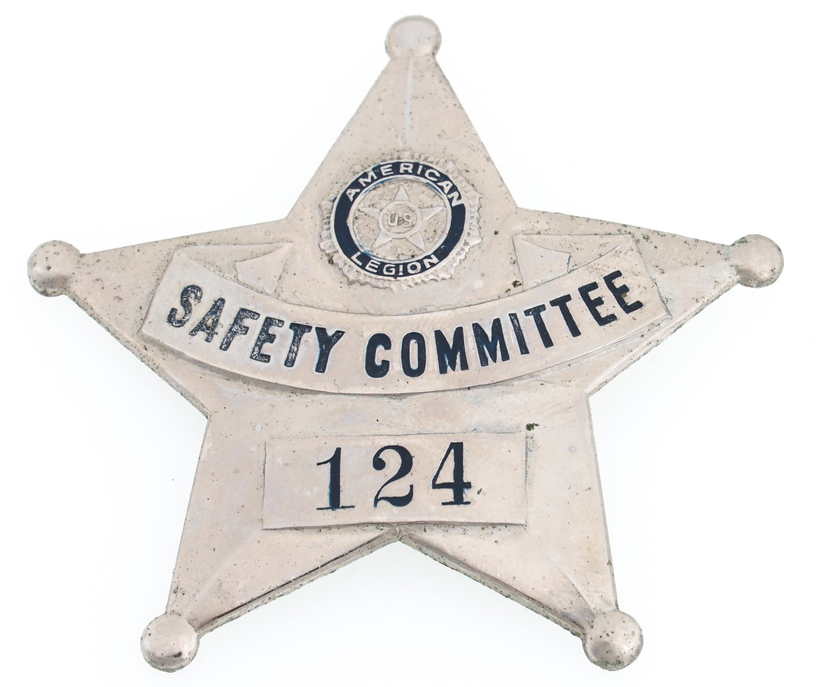 AMERICAN LEGION SAFETY COMMITTEE BADGE NO. 124: AMERICAN LEGION SAFETY COMMITTEE BADGE NO. 124 Obsolete American Legion Safety Committee badge. Number 124. Marked Green Duck Co. Chicago on reverse. Measurements: 2.25 x 2.25"