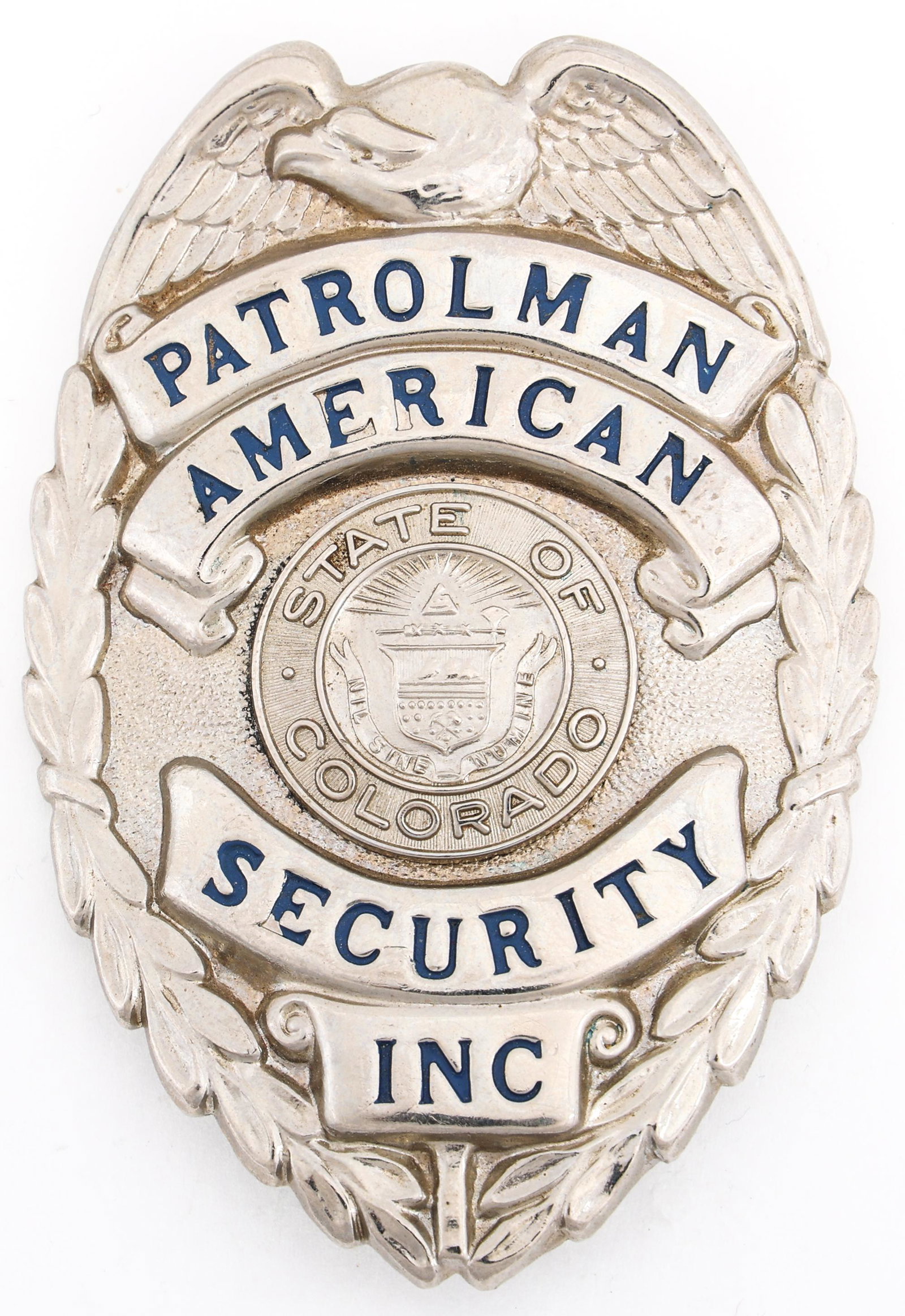 COLORADO AMERICAN SECURITY INC PATROLMAN BADGE: COLORADO AMERICAN SECURITY INC PATROLMAN BADGE Obsolete Colorado American Security Inc Patrolman badge. Unmarked. Measurements: 2 x 3"