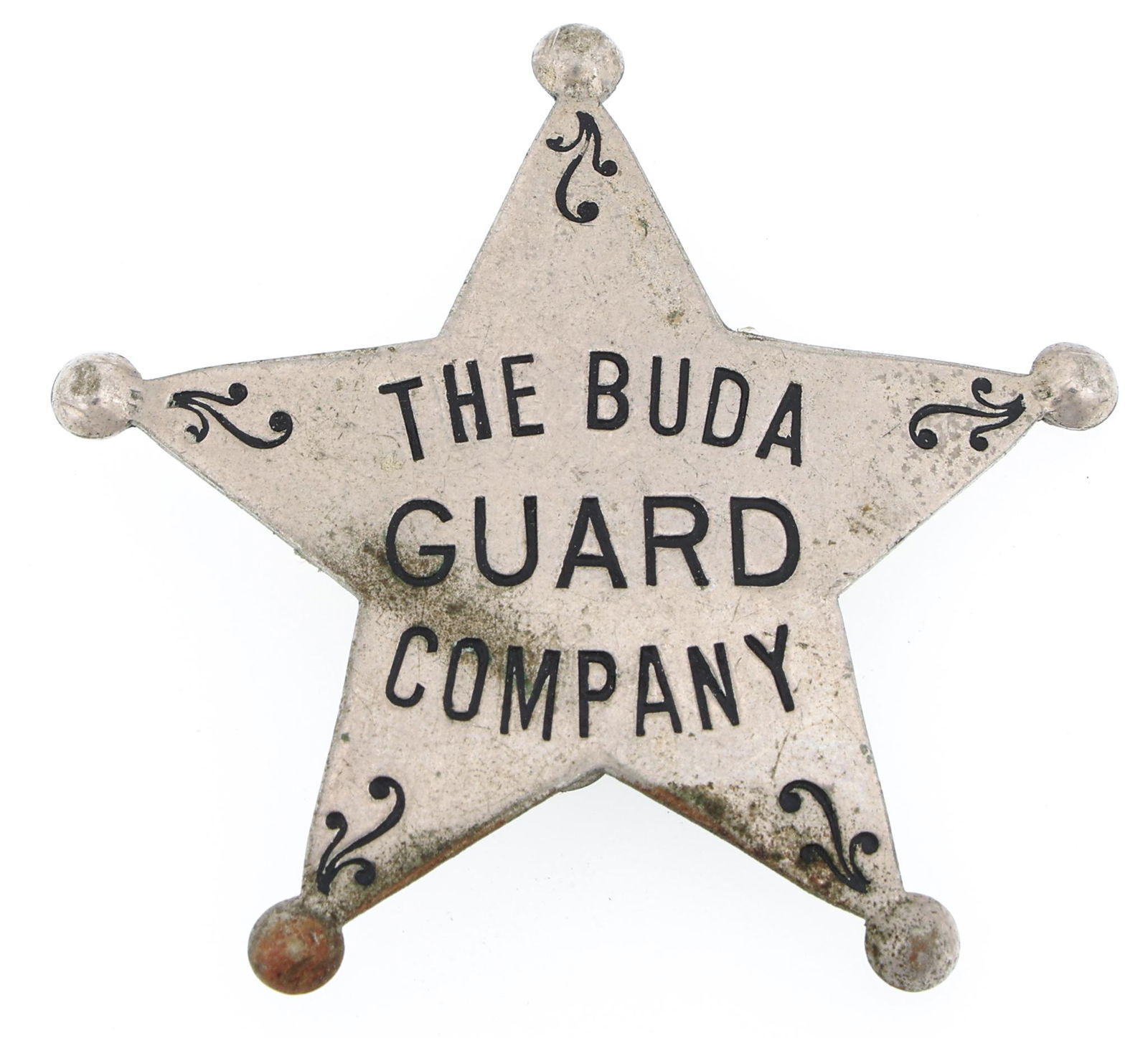 THE BUDA COMPANY GUARD BADGE: THE BUDA COMPANY GUARD BADGE Obsolete The Buda Company Guard badge. Unmarked. Measurements: 1.75 x 1.75"