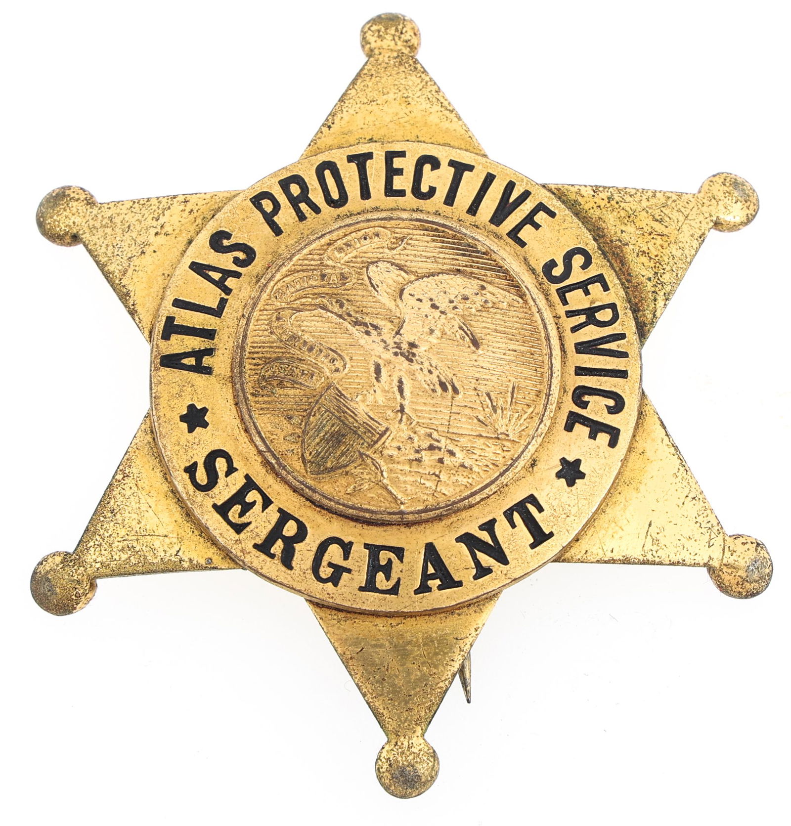 ATLAS PROTECTIVE SERVICE SERGEANT BADGE: ATLAS PROTECTIVE SERVICE SERGEANT BADGE Obsolete Illinois Atlas Protective Service Sergeant badge. Marked Meyer & Wenthe Chicago on reverse. Measurements: 2.25 x 2.5"