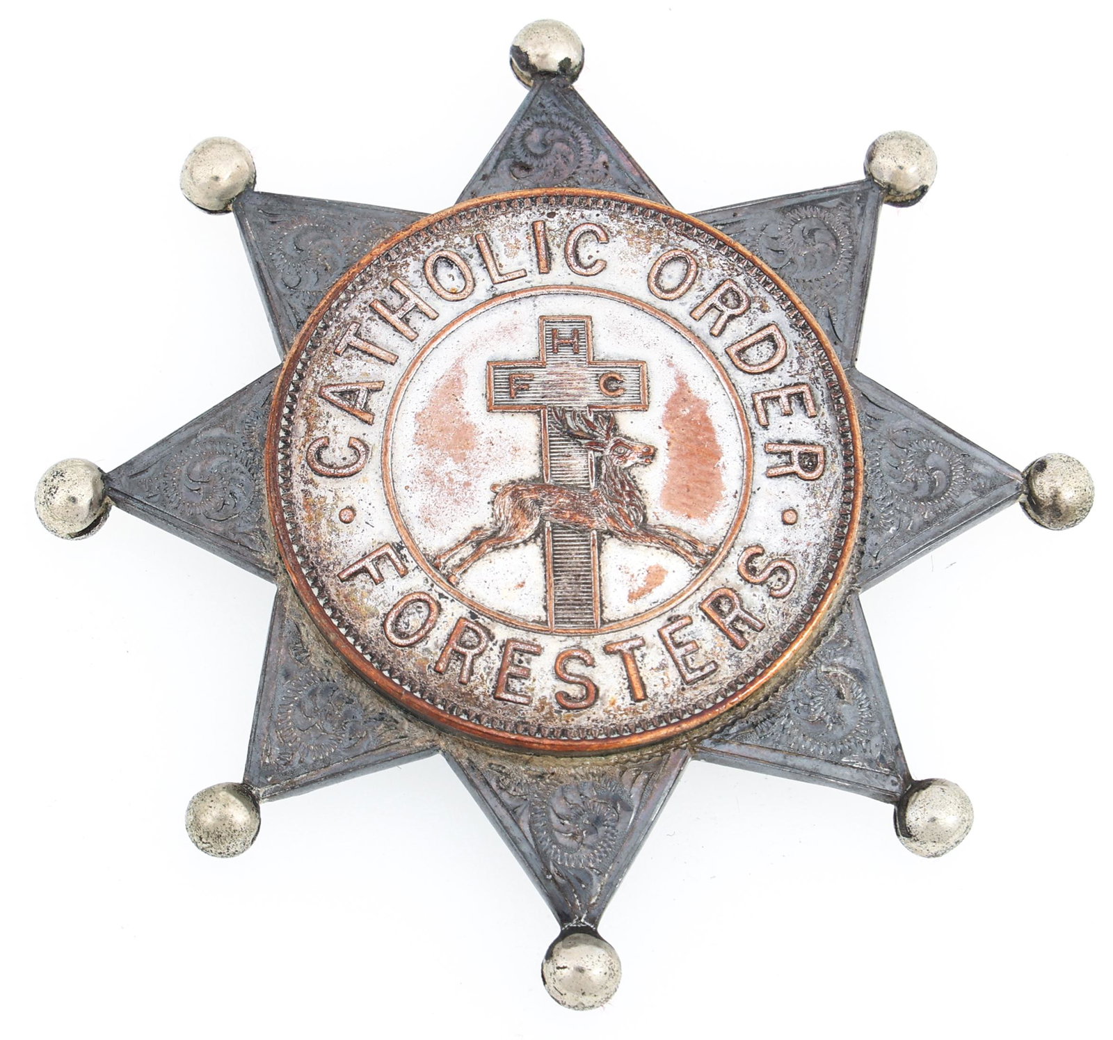 CATHOLIC ORDER OF FORESTERS BADGE: CATHOLIC ORDER OF FORESTERS BADGE Obsolete Catholic Order of Foresters badge. Unmarked. Measurements: 2.25" diameter