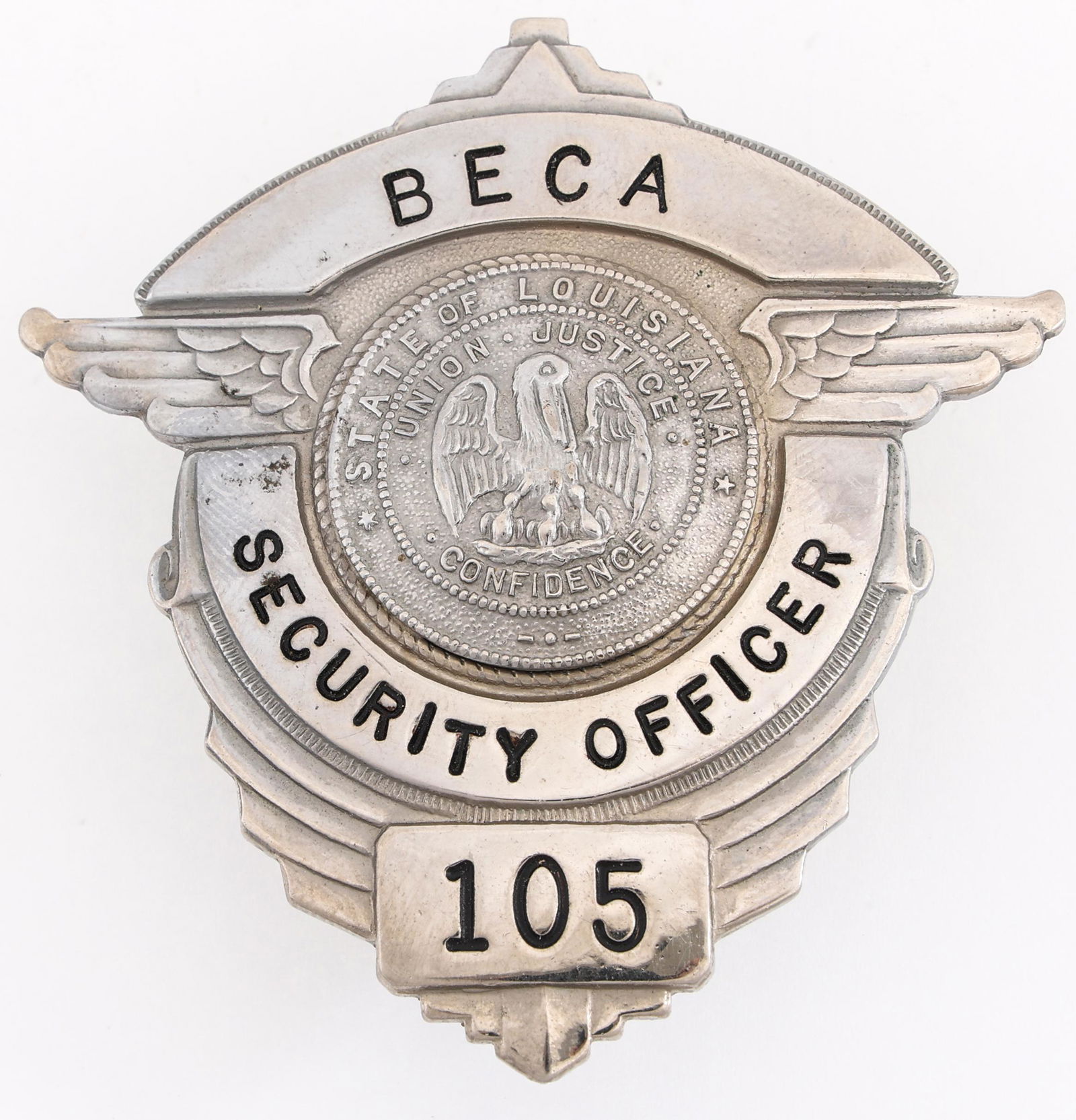 LOUISIANA BECA SECURITY OFFICER BADGE NO. 105 (1 of 2)