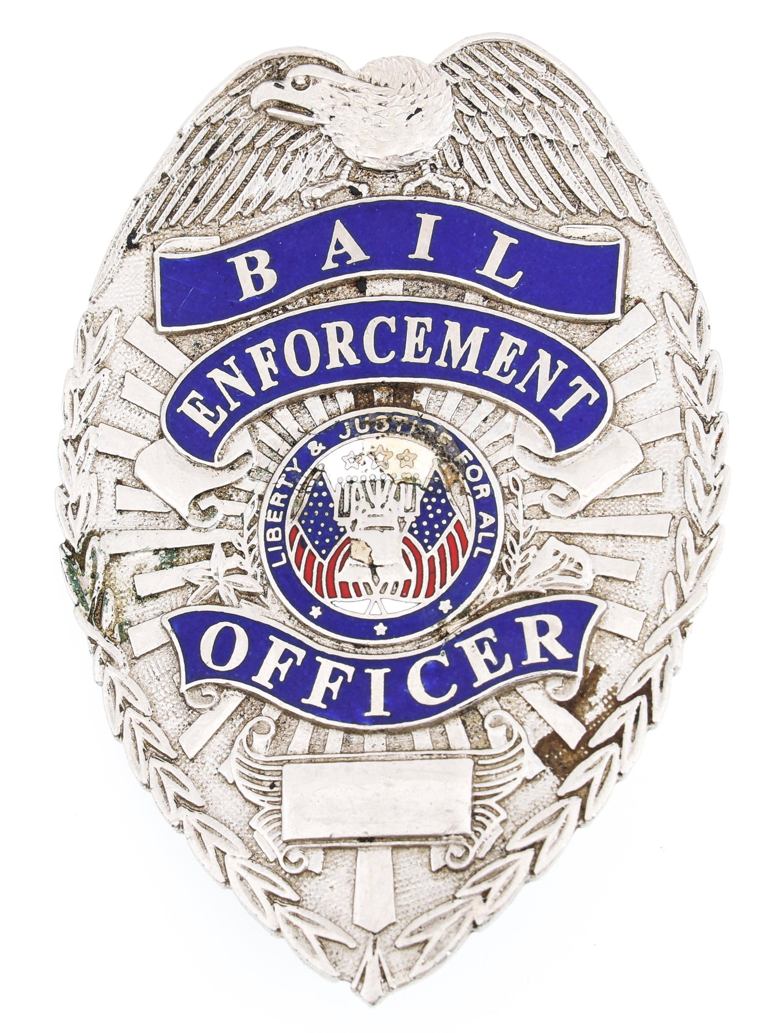 BAIL ENFORCEMENT OFFICER BADGE: BAIL ENFORCEMENT OFFICER BADGE Obsolete Bail Enforcement Officer badge. Unmarked. Measurements: 3.25 x 2.25"