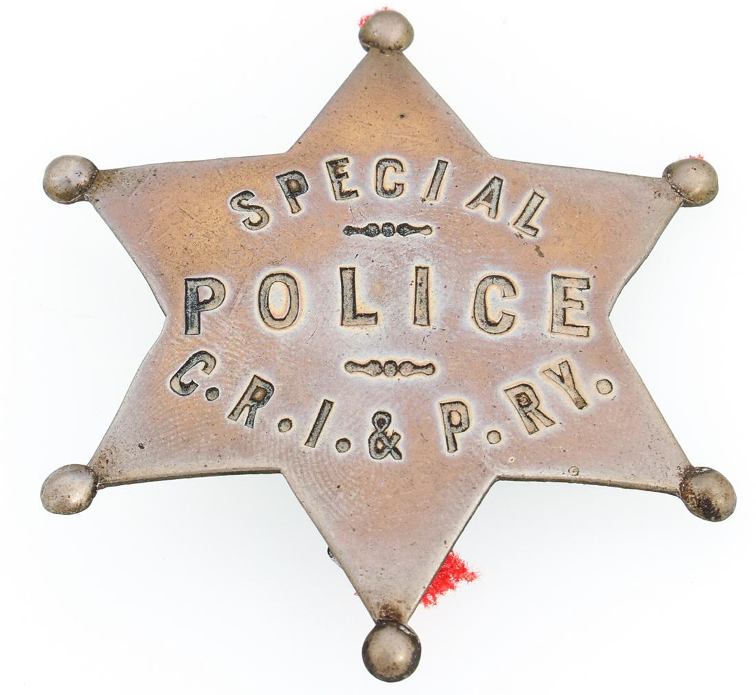 CHICAGO ROCK ISLAND & PACIFIC RY. SPECIAL POLICE BADGE: CHICAGO ROCK ISLAND & PACIFIC RY. SPECIAL POLICE BADGE Obsolete Chicago Rock Island & Pacific Railway (C.R.I. & P. RY.) Special Police badge. Unmarked. Measurements: 2 x 2"