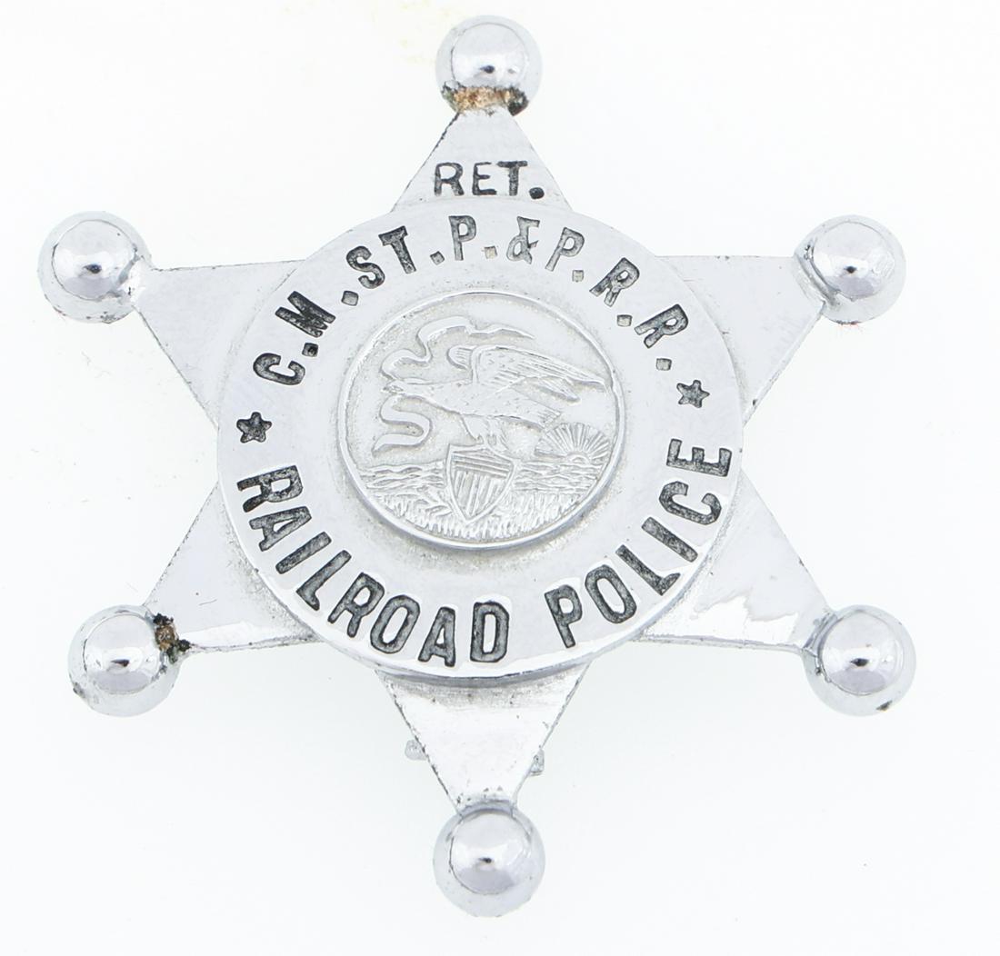 ILLINOIS RETIRED C.M.ST.P & P. RAILROAD POLICE BADGE: ILLINOIS RETIRED C.M.ST.P & P. RAILROAD POLICE BADGE Obsolete Illinois Chicago, Milwaukee, St. Paul, & Pacific Railroad (C.M.ST. P & P. R.R.) Retired Police badge. Unmarked. Measurements