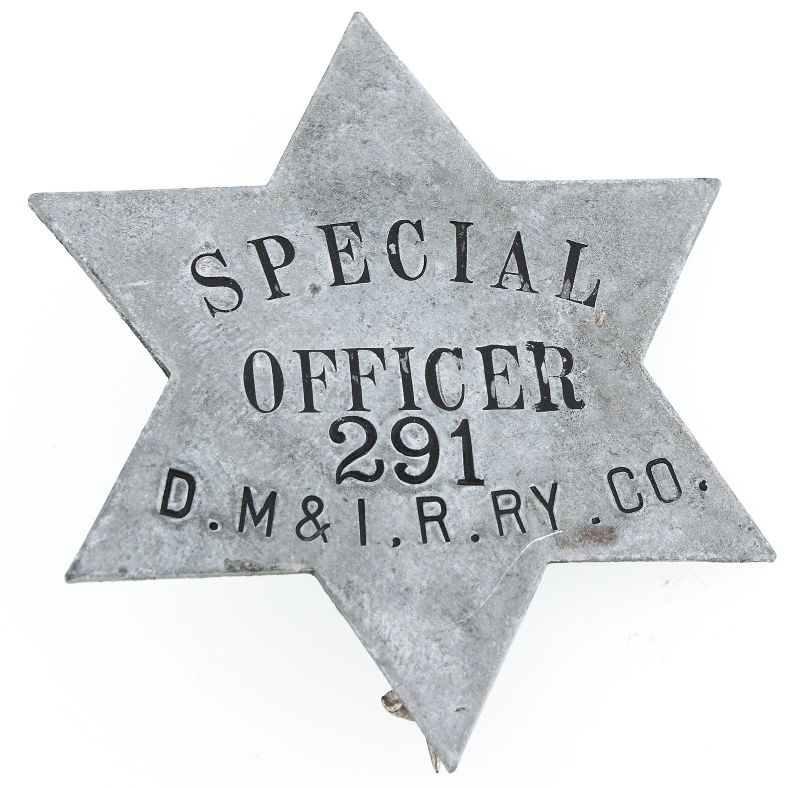 D.M. & I.R. RAILWAY CO. SPECIAL OFFICER BADGE NO. 291 (1 of 2)