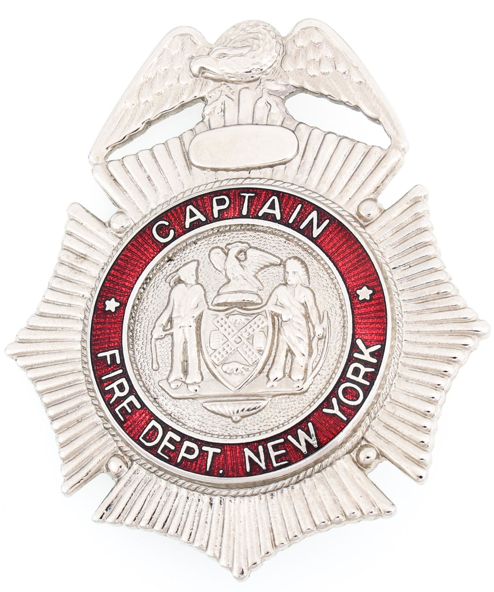NEW YORK FIRE DEPARTMENT CAPTAIN BADGE: NEW YORK FIRE DEPARTMENT CAPTAIN BADGE Obsolete Fire Department New York Captain badge. Unmarked. Size: 2.25 x 2.75"