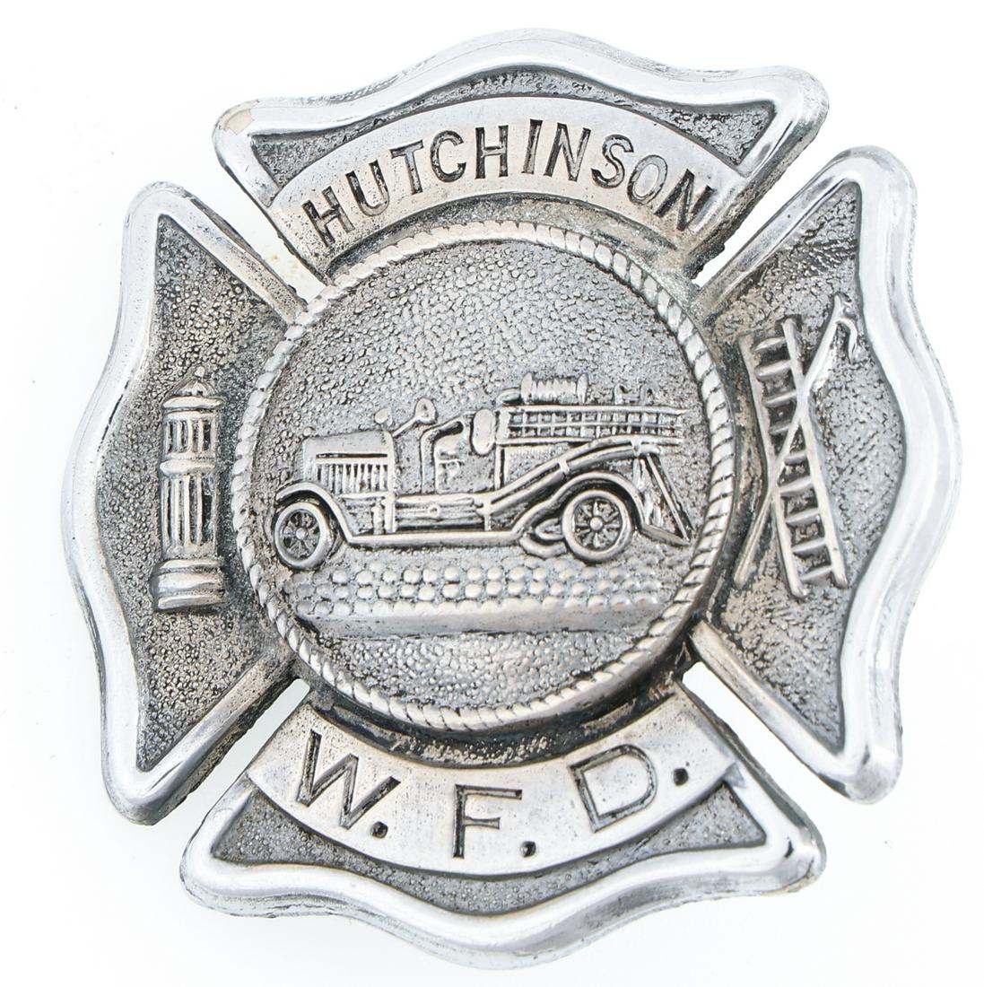 WILLIAMSVILLE HUTCHINSON FIRE DEPARTMENT BADGE: WILLIAMSVILLE HUTCHINSON FIRE DEPARTMENT BADGE Obsolete Williamsville, New York Fire Department (also known as Hutchinson Hose Company) badge. Unmarked. Size: 2 x 2"