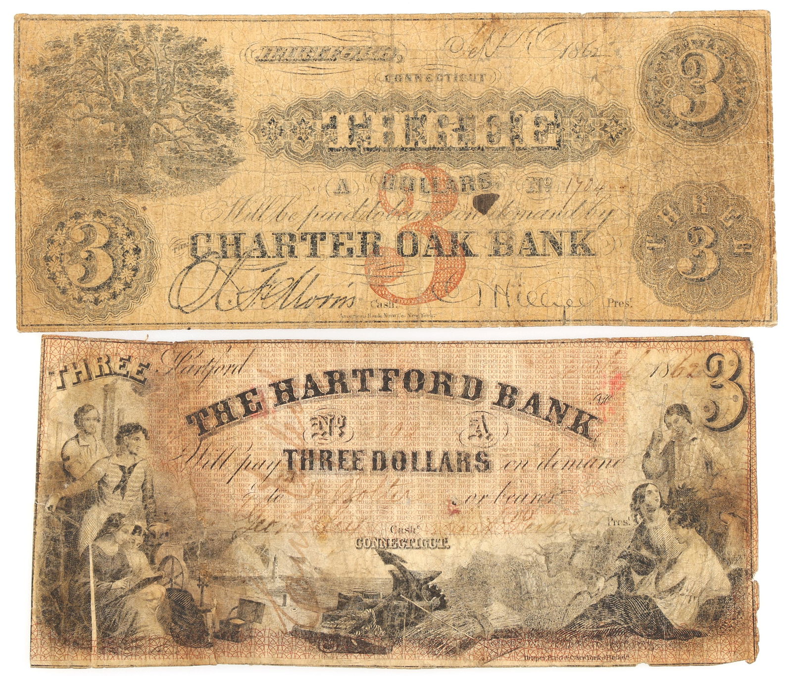 1862 $3 HARTFORD CONNECTICUT OBSOLETE BANKNOTES (1 of 6)