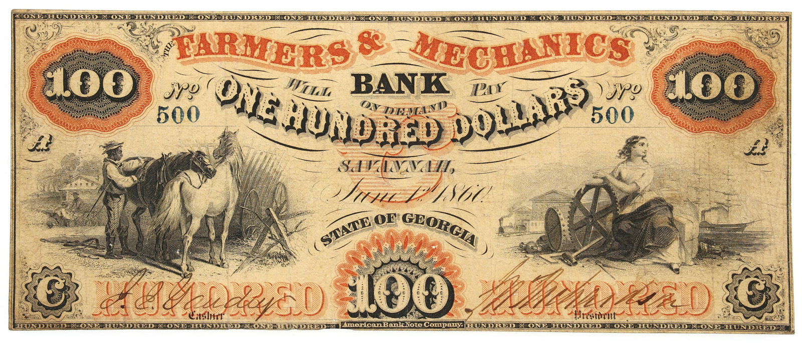 1860 $100 SAVANNAH GA FARMERS & MECHANICS BANKNOTE (1 of 2)