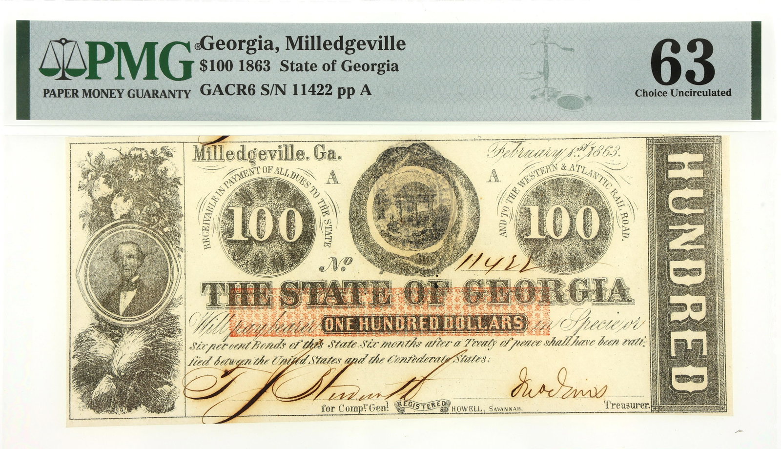 1863 $100 MILLEDGEVILLE STATE OF GEORGIA BANKNOTE PMG (1 of 2)