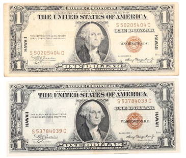 1935A $1 HAWAII WWII EMERGENCY ISSUE NOTES: 1935A $1 HAWAII WWII EMERGENCY ISSUE NOTES Lot of two 1935-A $1 United States Hawaii Emergency Issue silver certificate notes, Julian-Morgenthau.