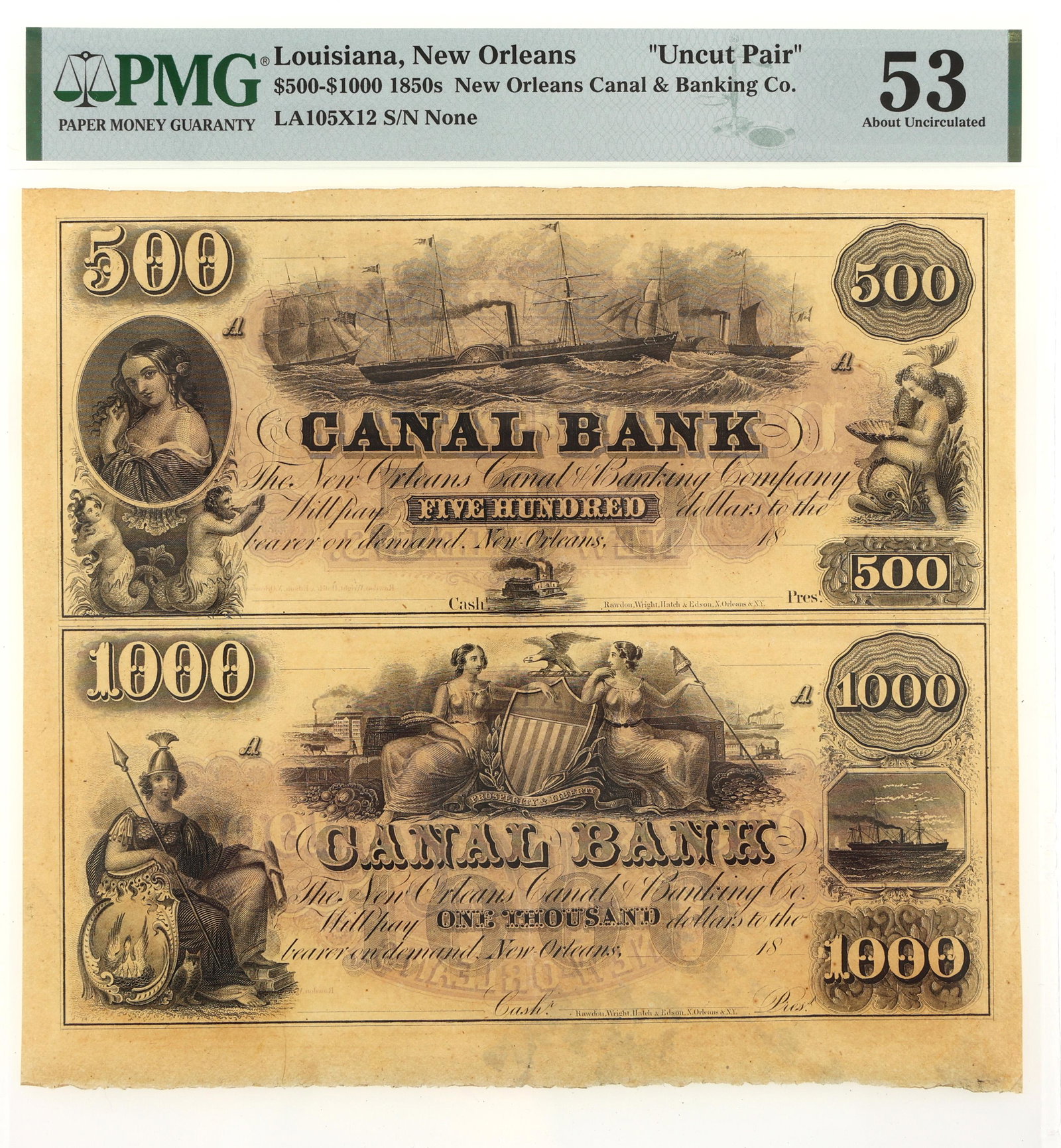 1850's $500-$1000 NOLA CANAL BANK UNCUT PAIR NOTES PMG (1 of 2)