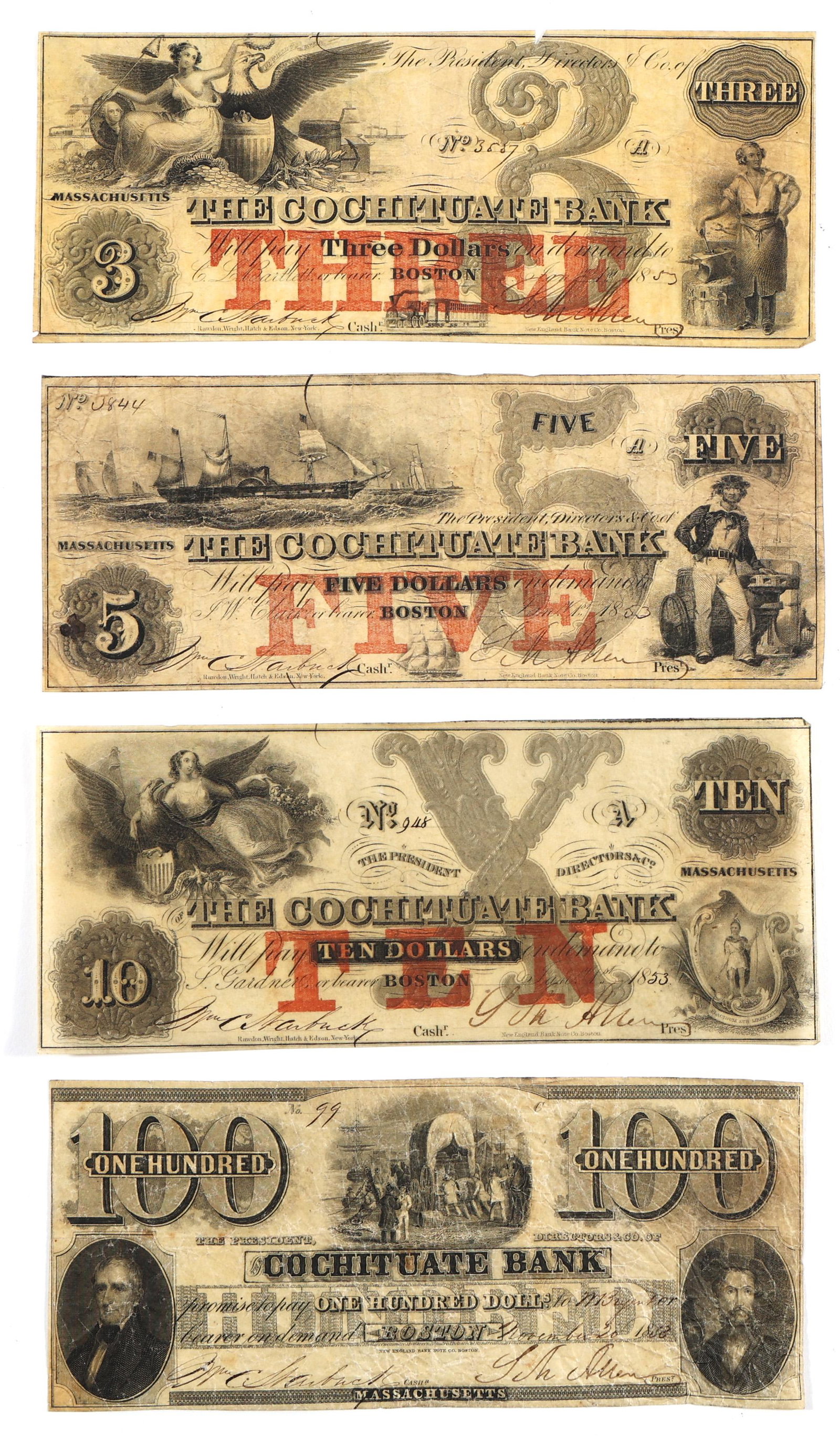 BOSTON MA COCHITUATE BANK OBSOLETE NOTES $3 $5 $10 $100 (1 of 5)