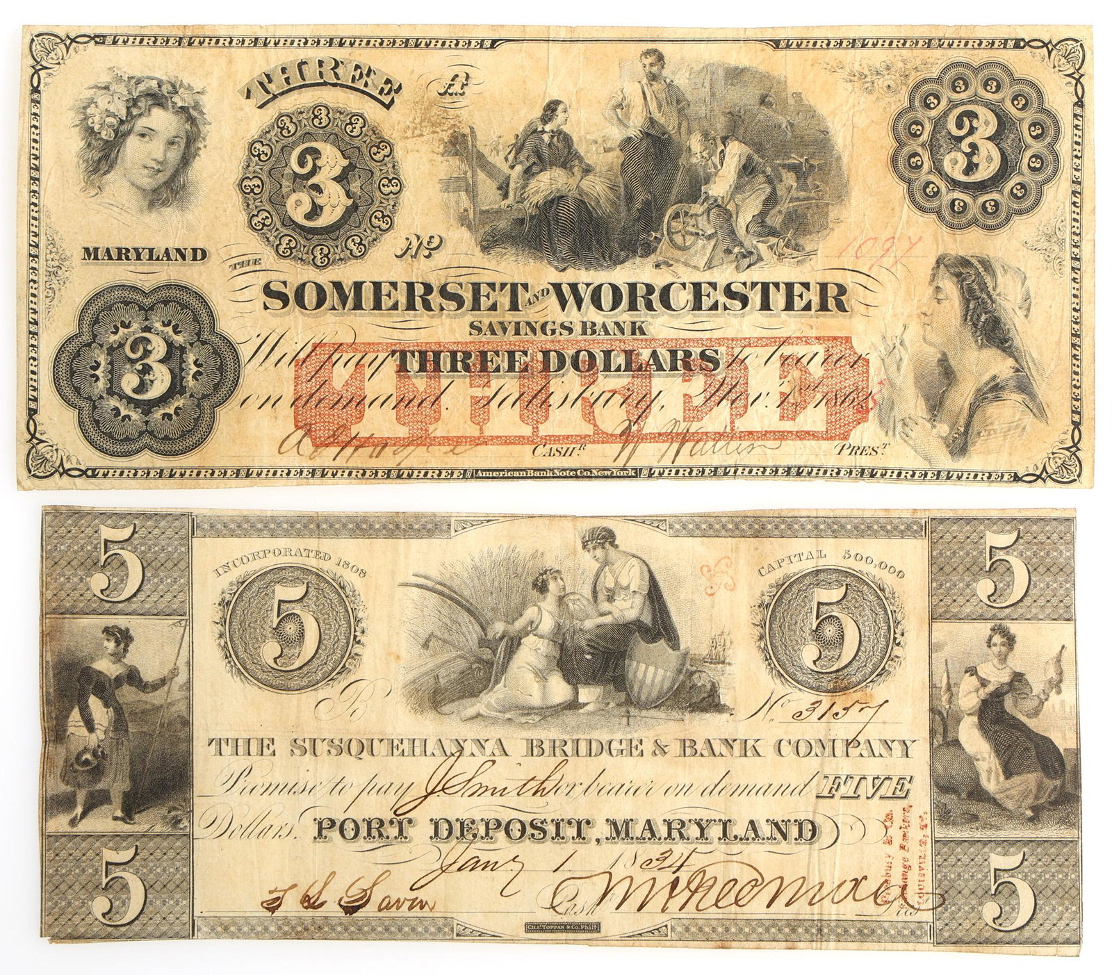 1800's $3 $5 MARYLAND OBSOLETE BANKNOTES (1 of 6)