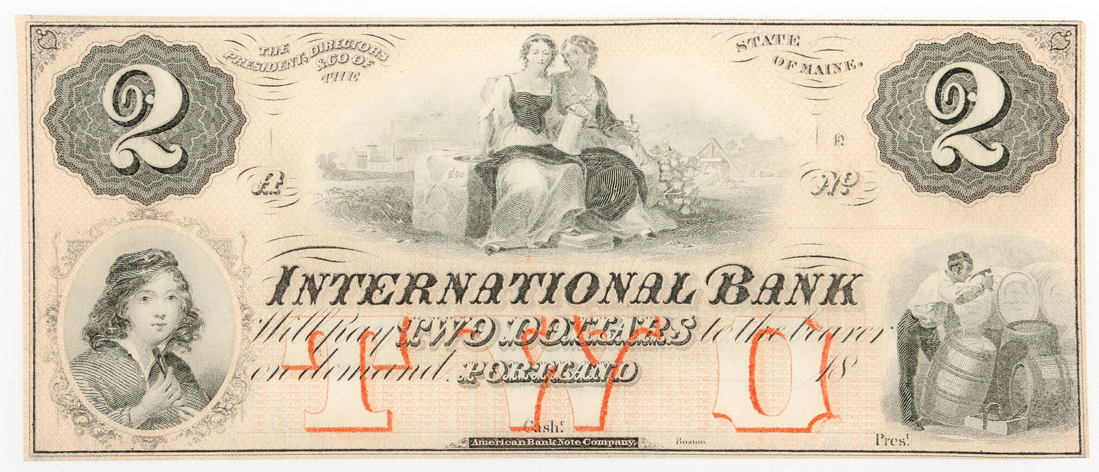 1800's $2 PORTLAND ME INTERNATIONAL BANK REMAINDER NOTE (1 of 2)